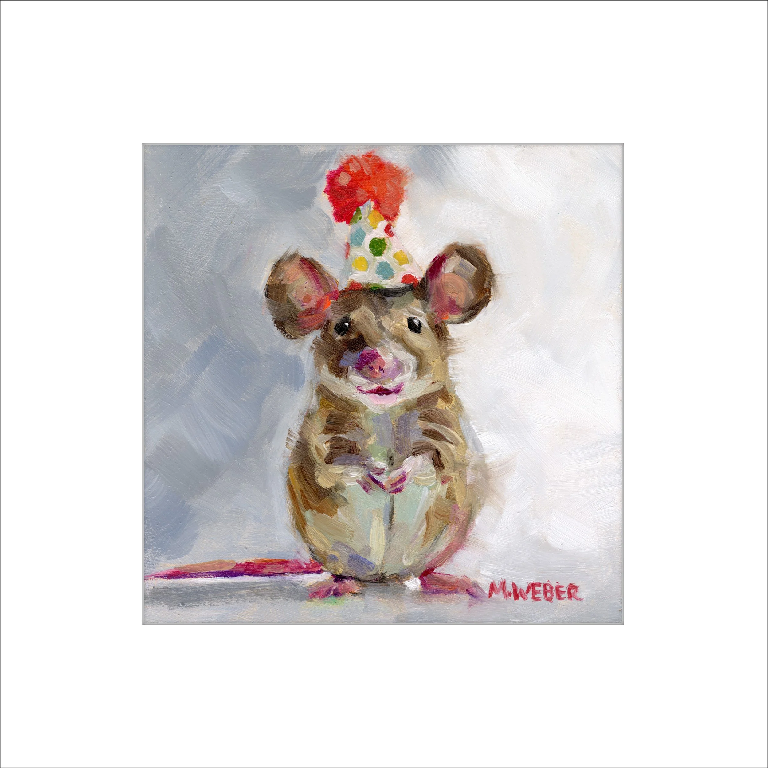 Ernie the Mouse art print by Merrill Weber, small mouse wearing a polka dot party hat in impressionistic oil painting