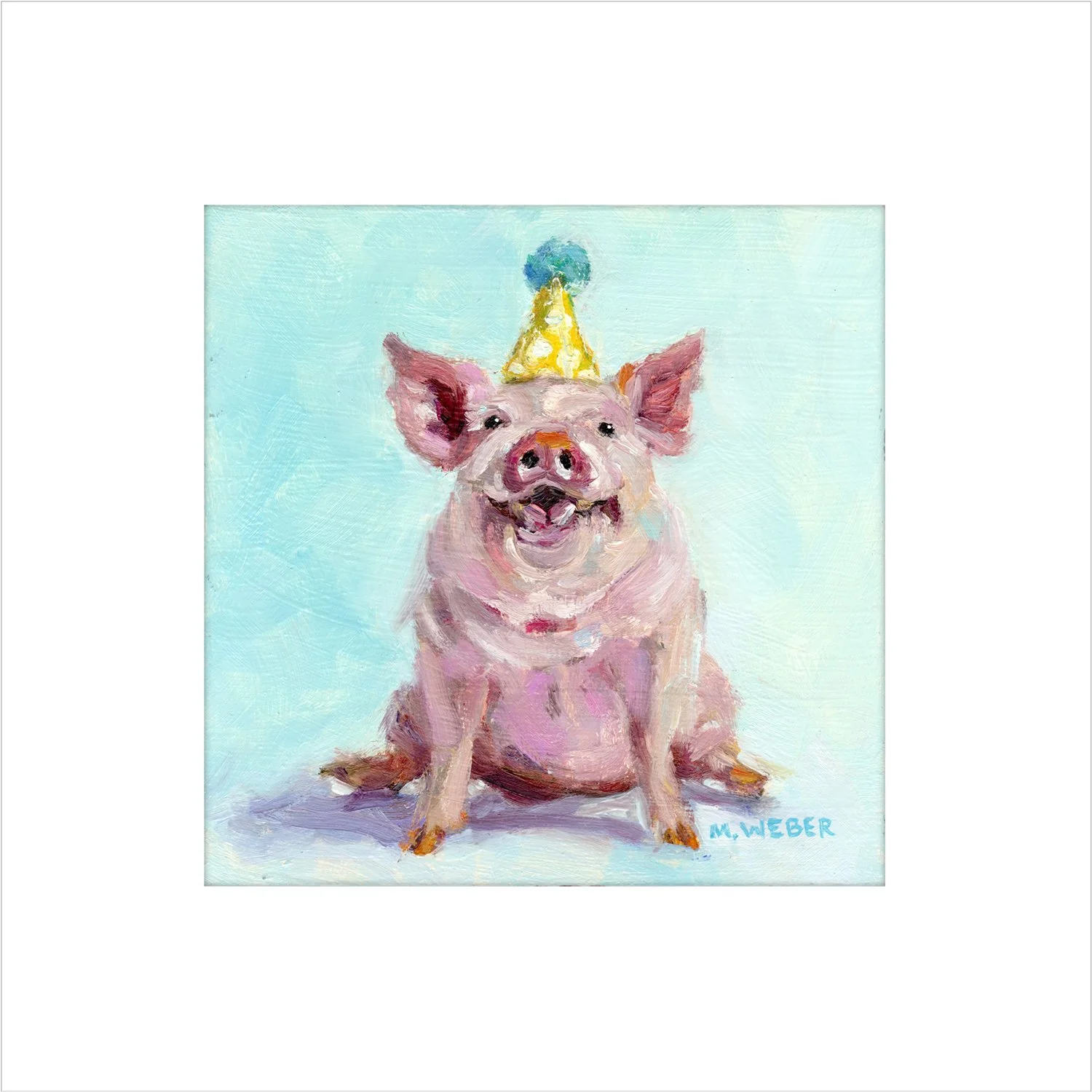 Otis the Pig giclée fine art print by Merrill Weber featuring a smiling pink pig in a gold party hat against a soft aqua background