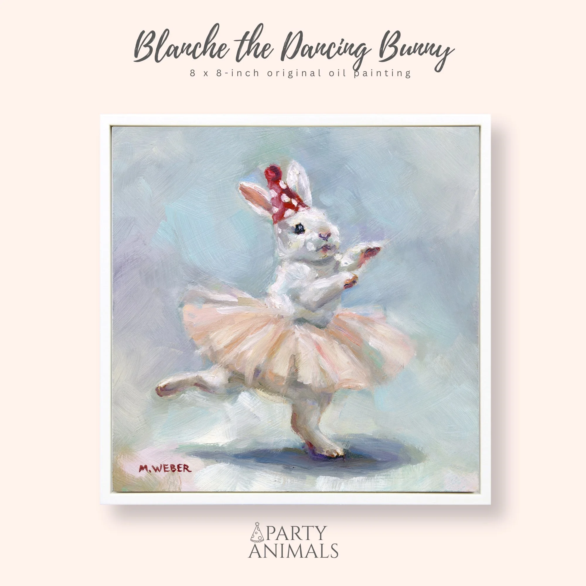 White rabbit mid-leap in peach tutu and polka dot party hat, soft blue background. Impressionistic ballet oil painting by Merrill Weber, Party Animals series.