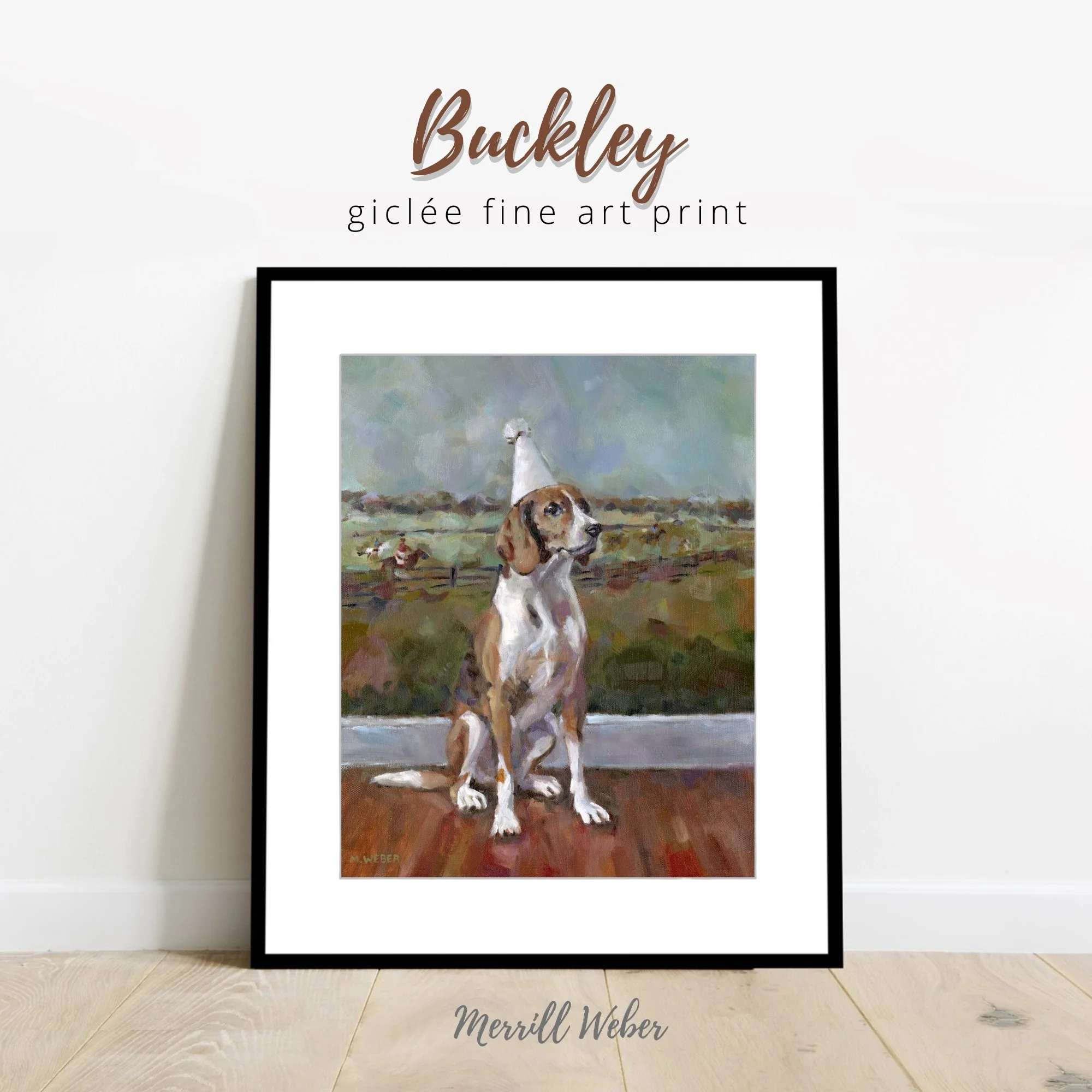 Framed Buckley the Dog art print featuring a dog in a party hat in a countryside landscape