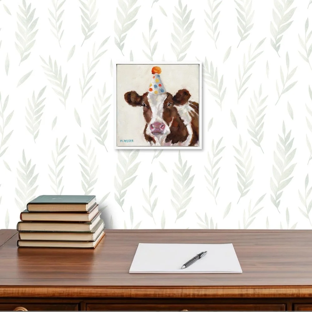 Clementine, a brown and white cow wearing a party hat, 6x6 oil painting on wood by Merrill Weber from the Party Animals series.