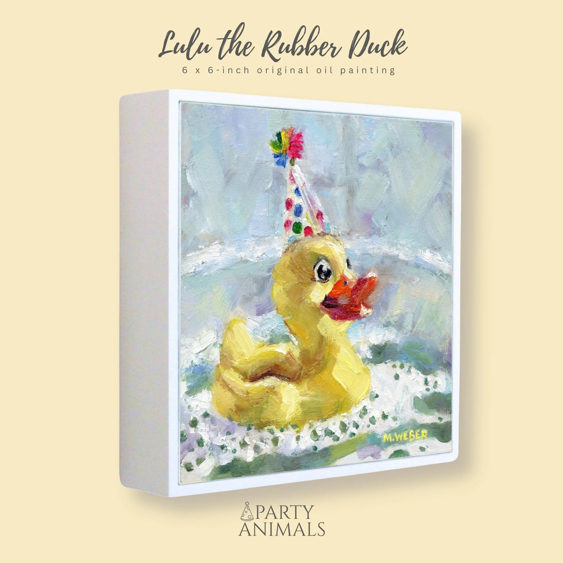 Lulu, a rubber duck wearing a party hat, 6x6 oil painting on wood by Merrill Weber from the Party Animals series.