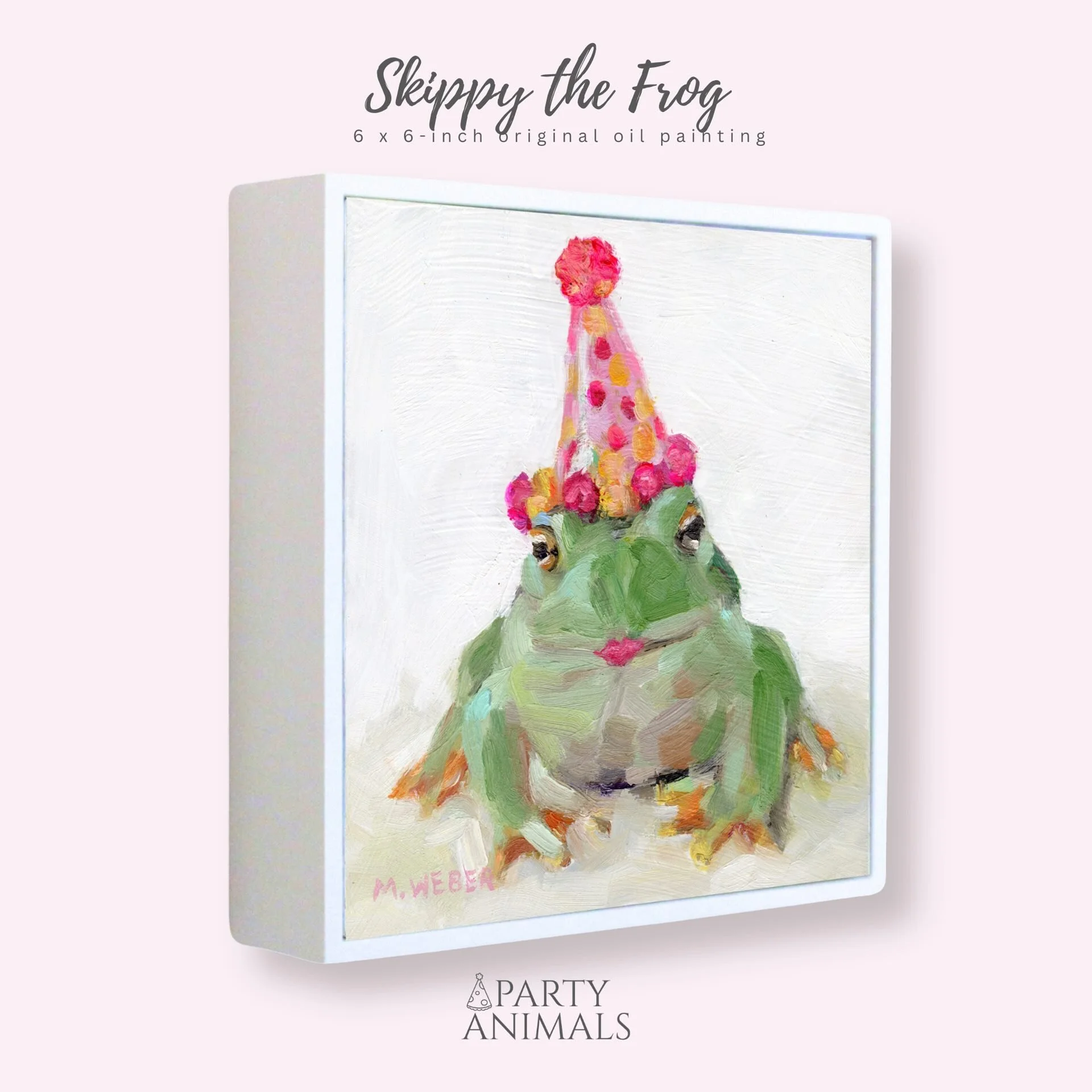 Skippy, a green frog wearing a party hat, 6x6 oil painting on wood by Merrill Weber from the Party Animals series.