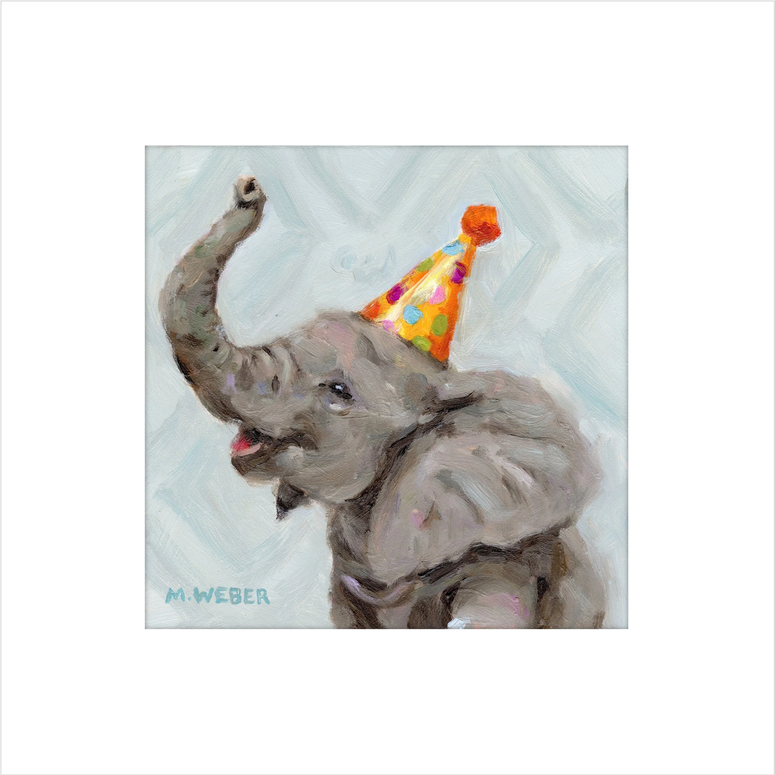 Barnaby the Elephant framed giclée fine art print by Merrill Weber featuring a gray elephant wearing a colorful polka dot party hat