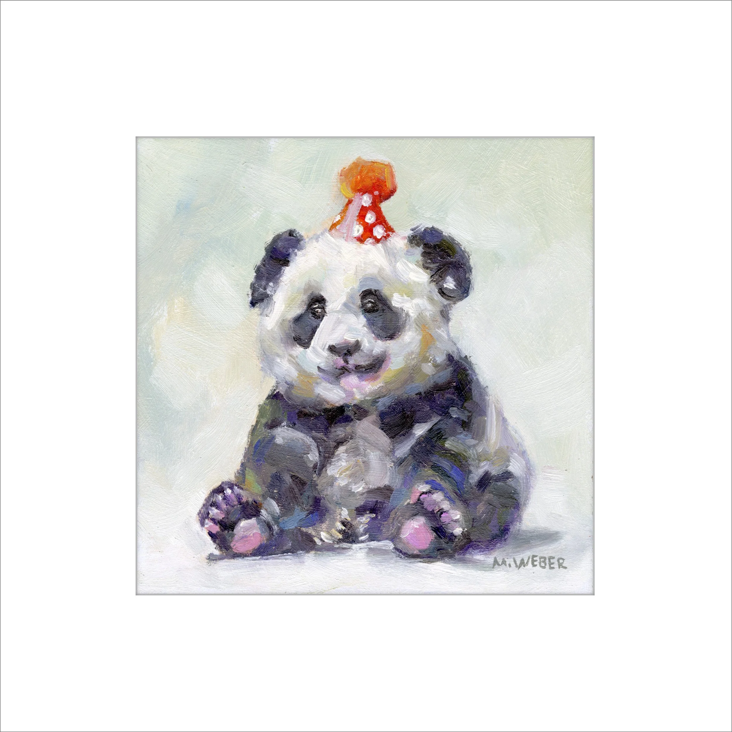 Dumpling the Panda Bear panda matted art print by Merrill Weber, whimsical panda painting wearing a dotted party hat