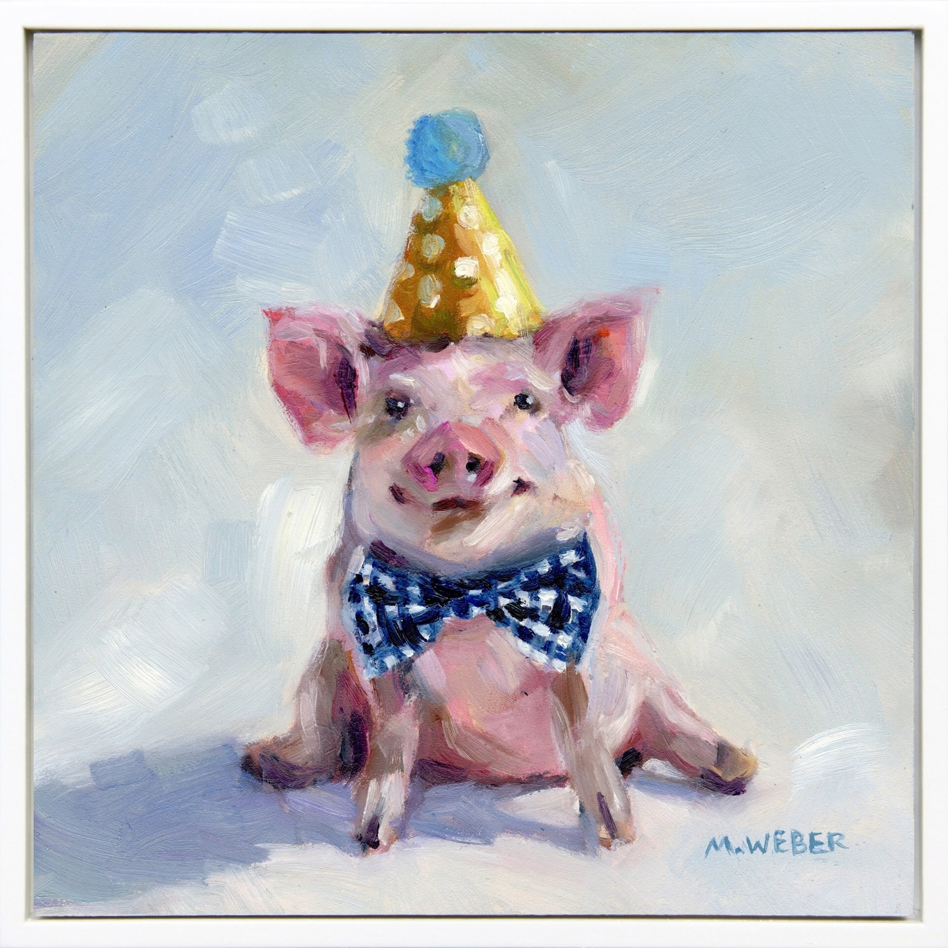 Baxter, a pig wearing a party hat and bow tie, 8x8 oil painting on wood by Merrill Weber from the Party Animals series.