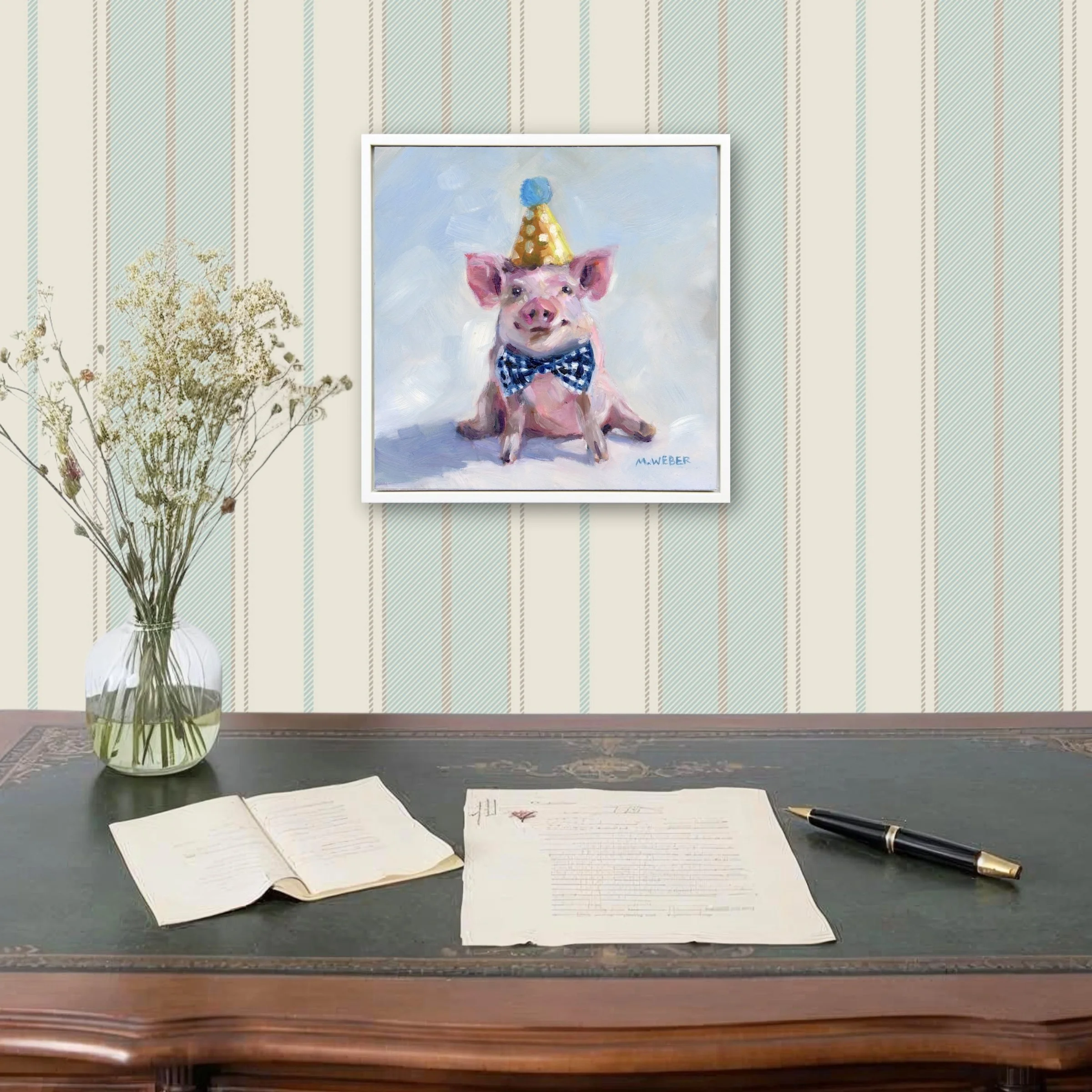 Baxter, a pig wearing a party hat and bow tie, 8x8 oil painting on wood by Merrill Weber from the Party Animals series.