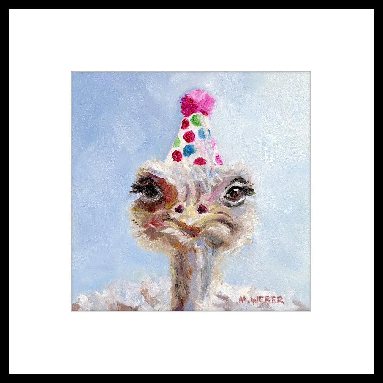 Agnes the Ostrich fine art print by Merrill Weber in an optional frame, fits a standard 12x12 inch frame, an ostrich face with a party hat painted in oil against a soft periwinkle sky