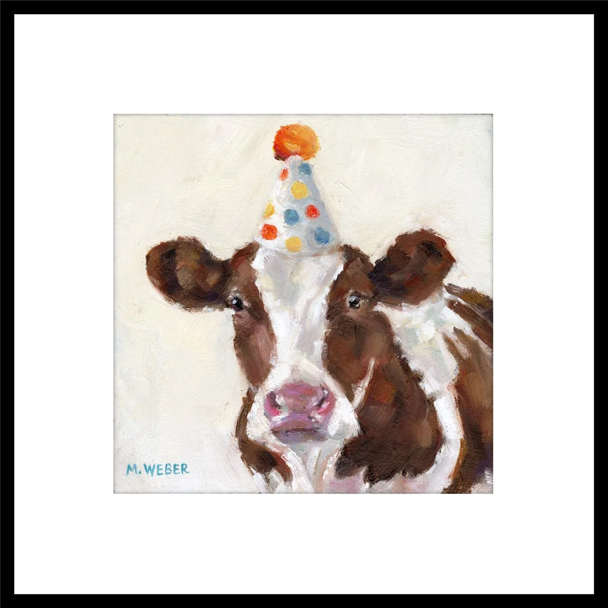 Clementine the Cow framed giclée fine art print by Merrill Weber with wide white mat and black square frame
