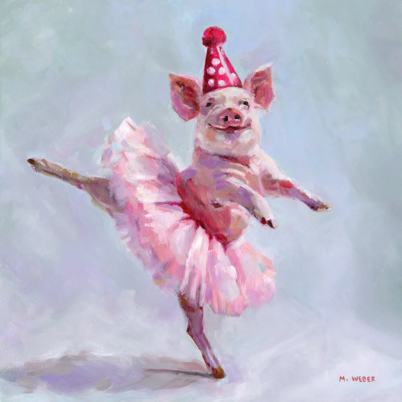uliette the Dancing Pig original oil painting by Merrill Weber featuring a ballerina pig in a pink tutu and polka dotted party hat.