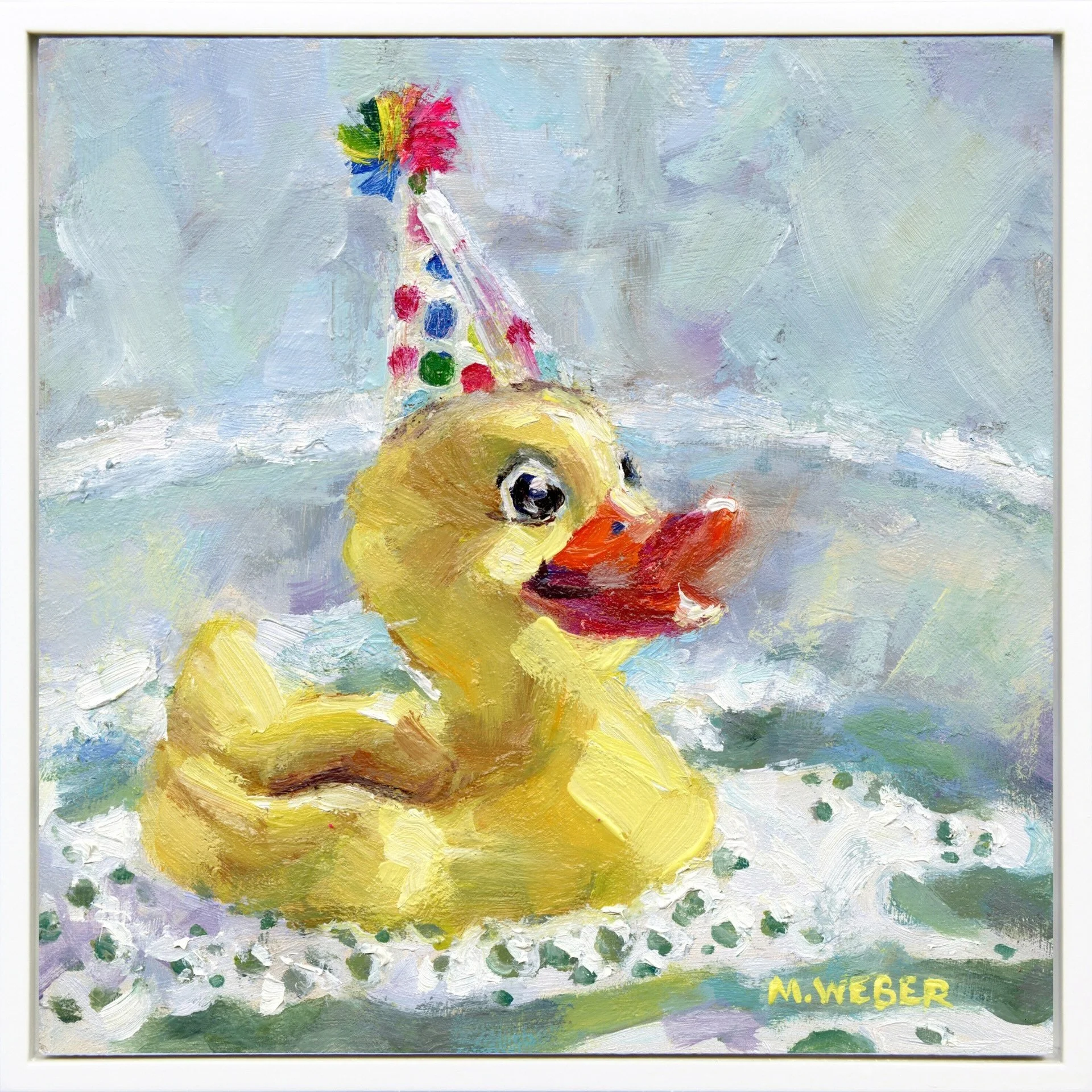 Lulu, a rubber duck wearing a party hat, 6x6 oil painting on wood by Merrill Weber from the Party Animals series.