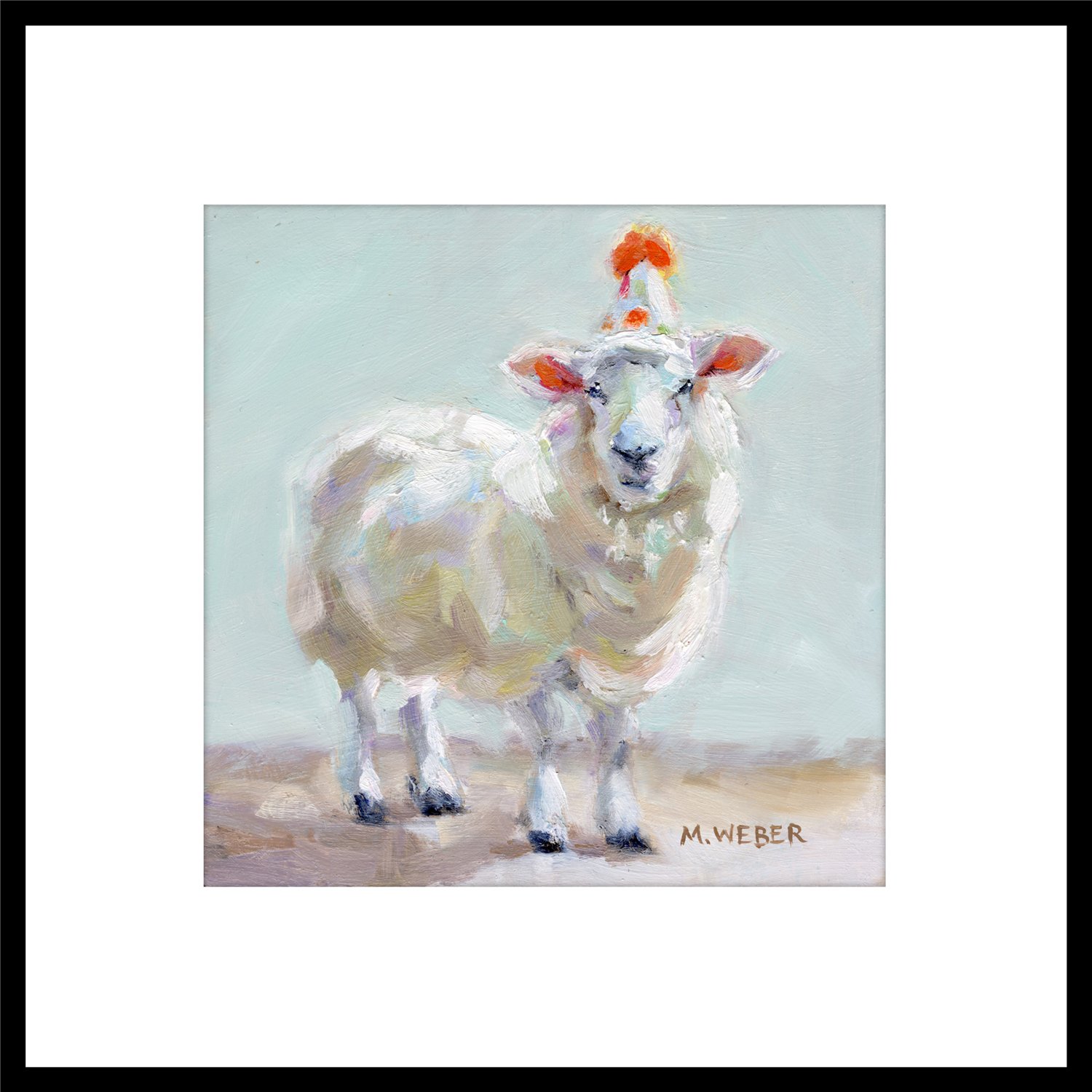 Cecil the Sheep framed giclée fine art print by Merrill Weber with wide white mat and black square frame