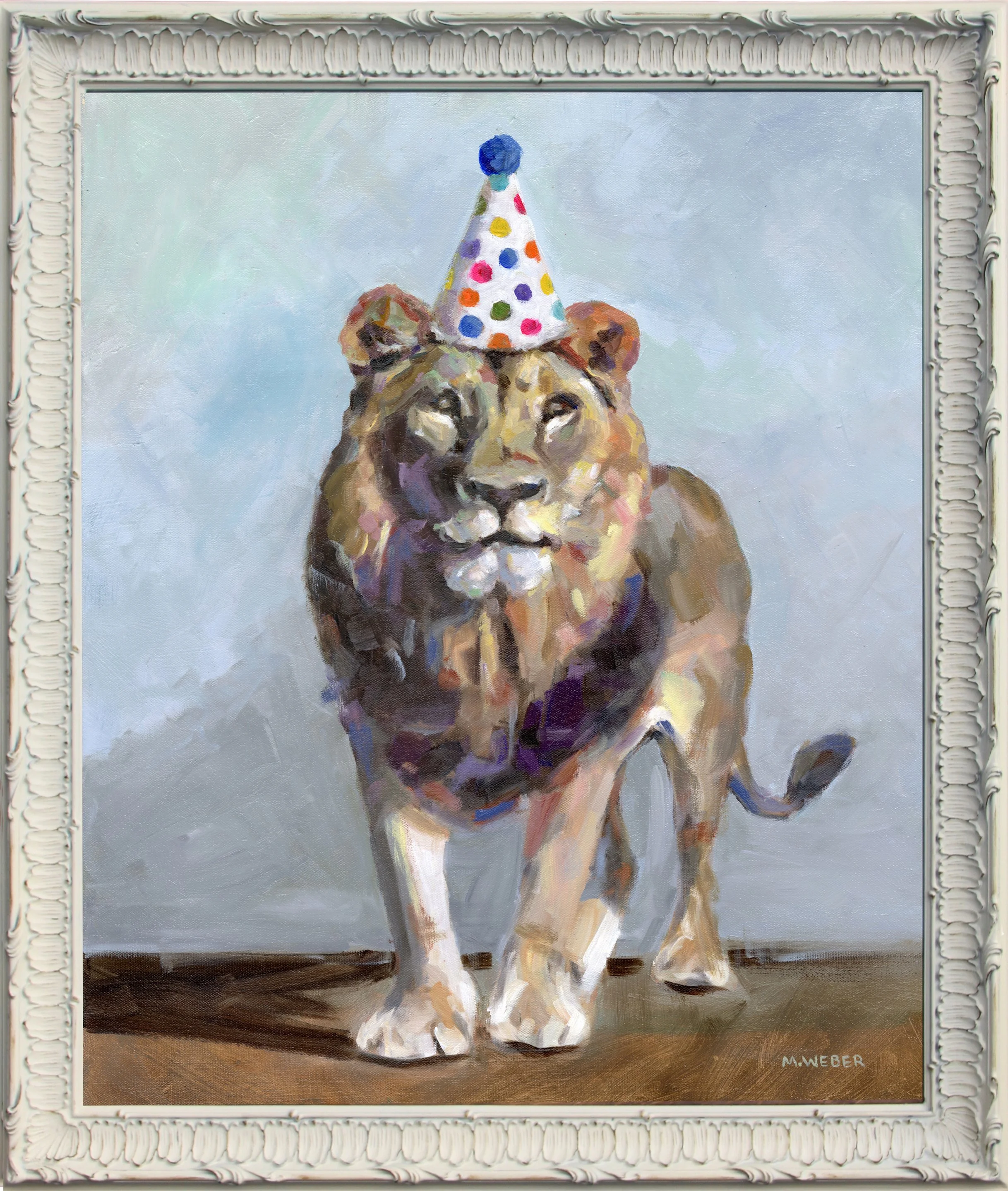 Augustus the Lion original 24x20 oil painting by Merrill Weber, a lion in a polka dotted party hat painted with bold brushwork against a blue background, framed, Party Animals series