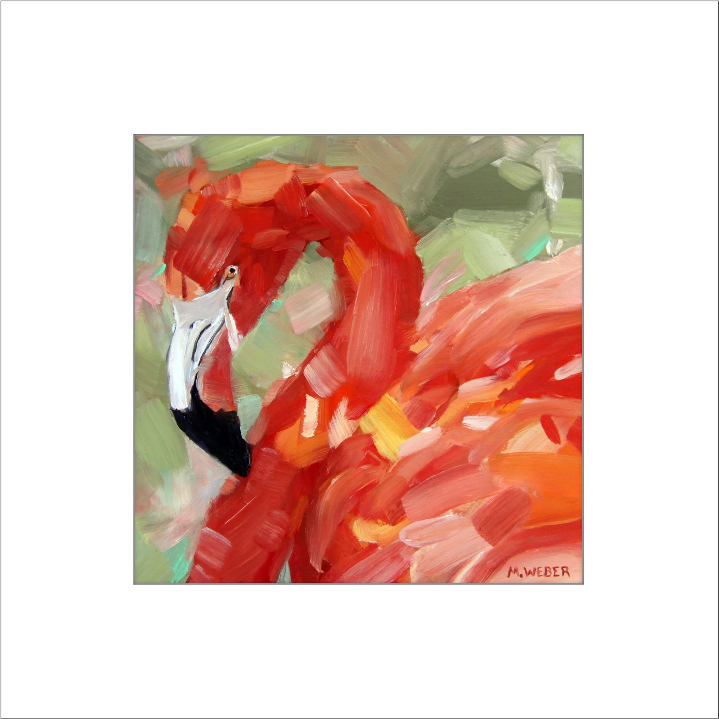 Phineus the Flamingo matted fine art print showing vibrant red and coral flamingo portrait by Merrill Weber