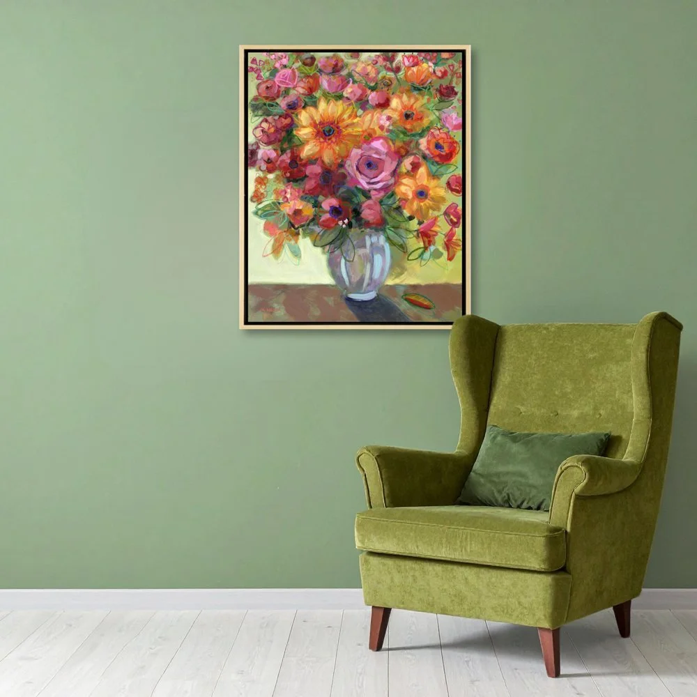 Original mixed media floral painting by Merrill Weber, in natural wood floater frame featuring golden sunflower, coral and orange zinnias, peachy-pink rose, and red berries in glass vase, 30x24 inches