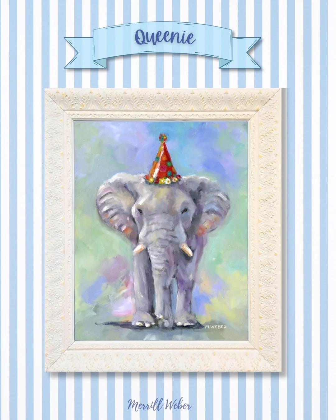 Whimsical oil painting of Queenie the gray elephant wearing a red polka-dotted party hat, dancing against a soft blue and purple background. Part of Merrill Weber's Party Animals series.
