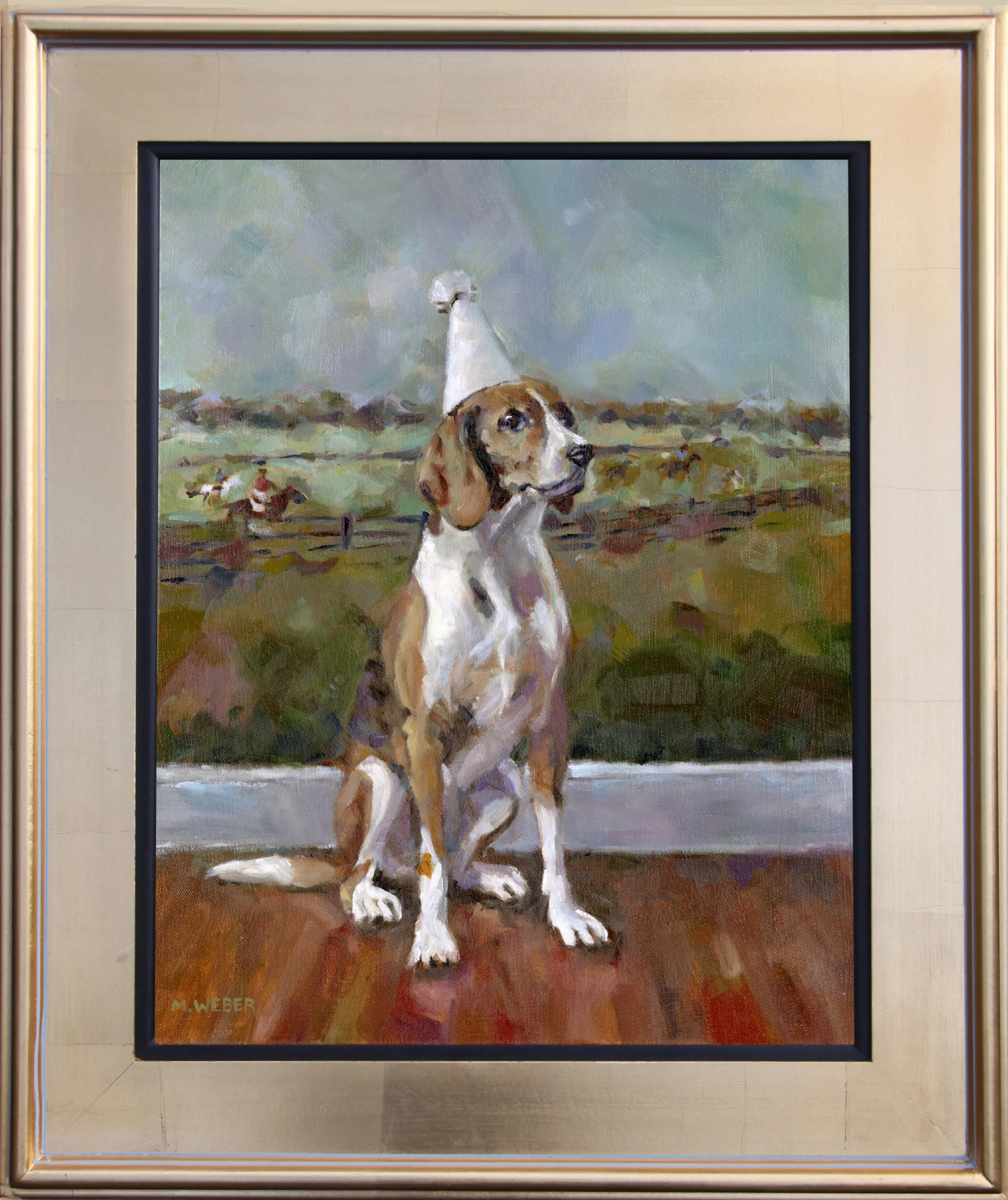 Framed original oil painting Buckley the Dog by Merrill Weber featuring a hound dog in a white party hat against a countryside landscape with distant horses.