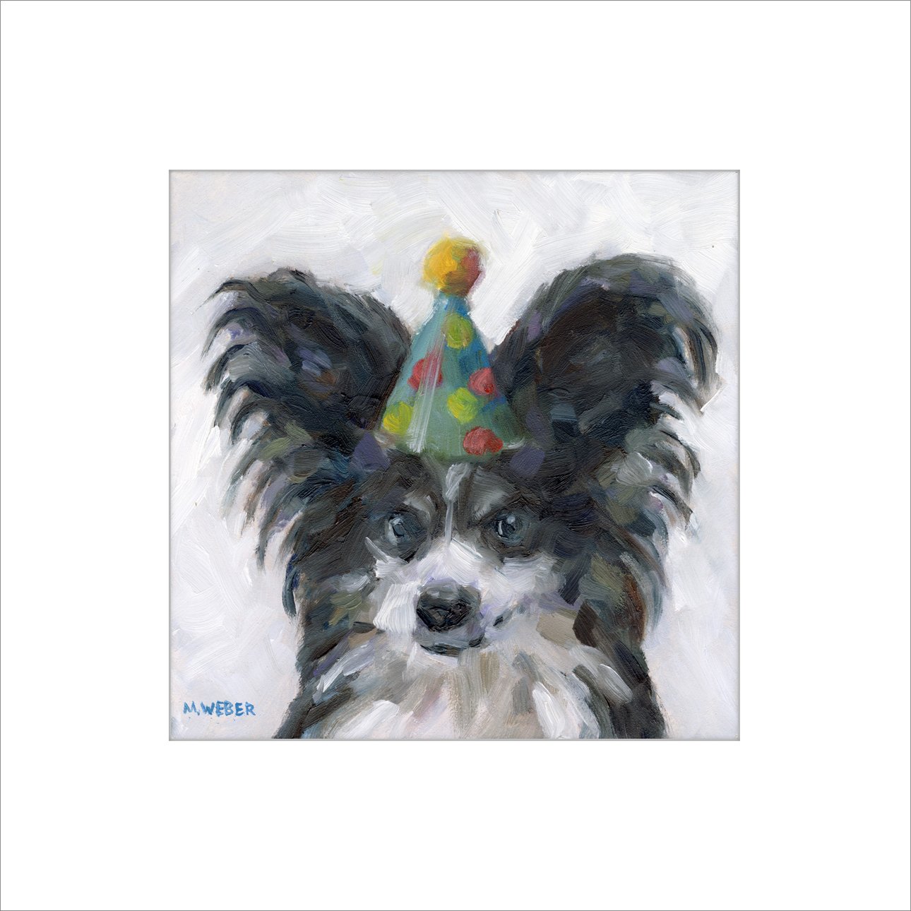 Maupin the Papillon fine art print by Merrill Weber shown framed, a black and white papillon pet portrait with a party hat from the Party Animals series