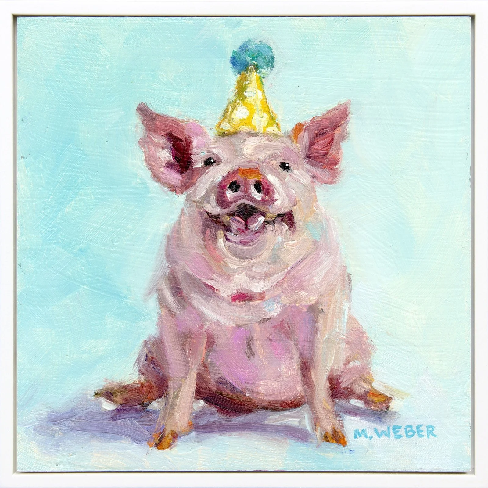 Otis, a pig wearing a party hat, 6x6 oil painting on wood by Merrill Weber from the Party Animals series.