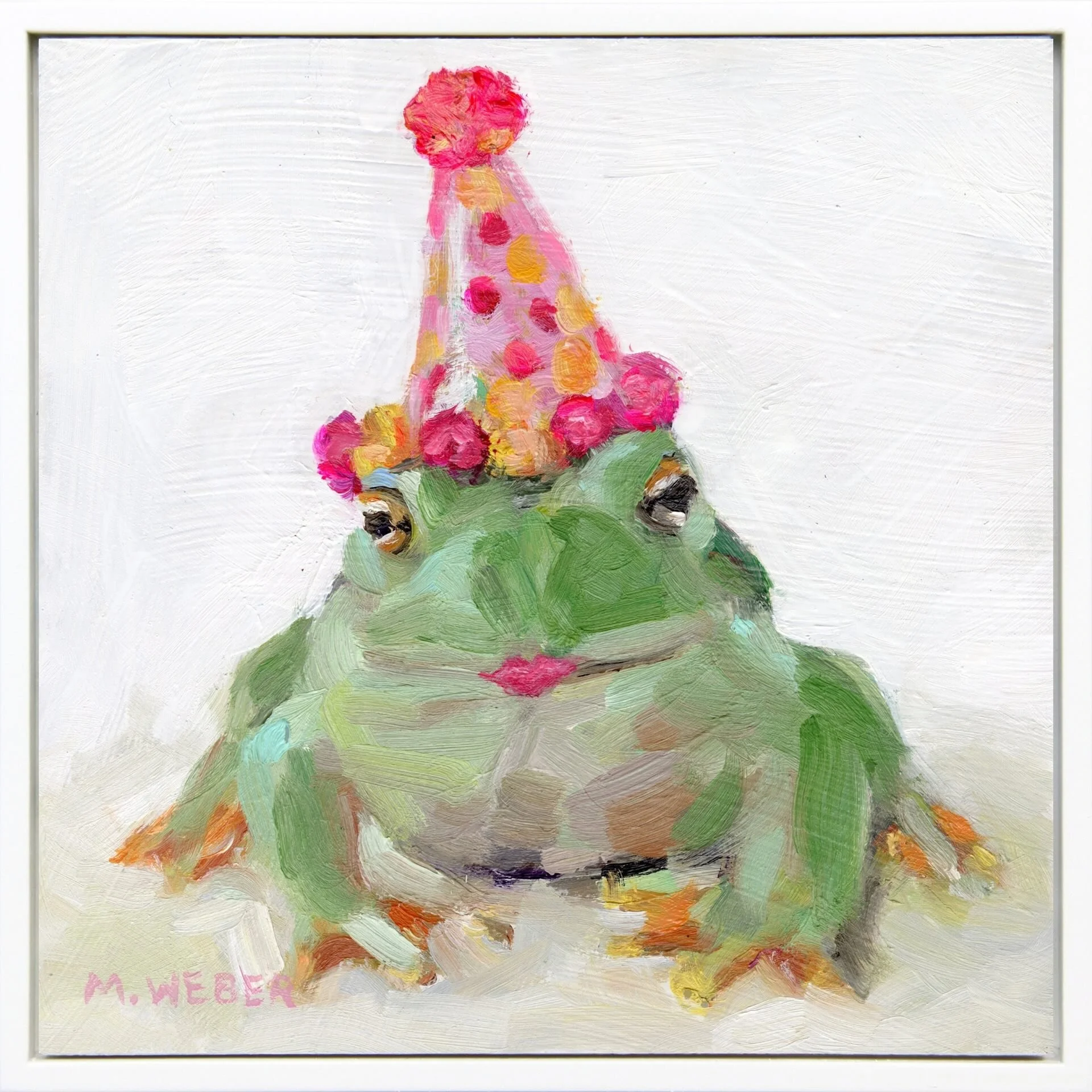 Skippy, a green frog wearing a party hat, 6x6 oil painting on wood by Merrill Weber from the Party Animals series.