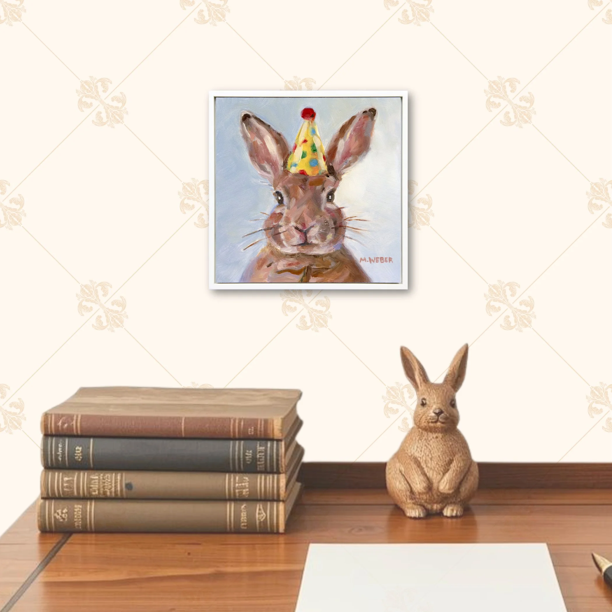 Archie the Bunny Rabbit mini oil painting by Merrill Weber in a custom white poplar floater frame, bunny rabbit wearing a polka dotted party hat. Part of the Party Animals series