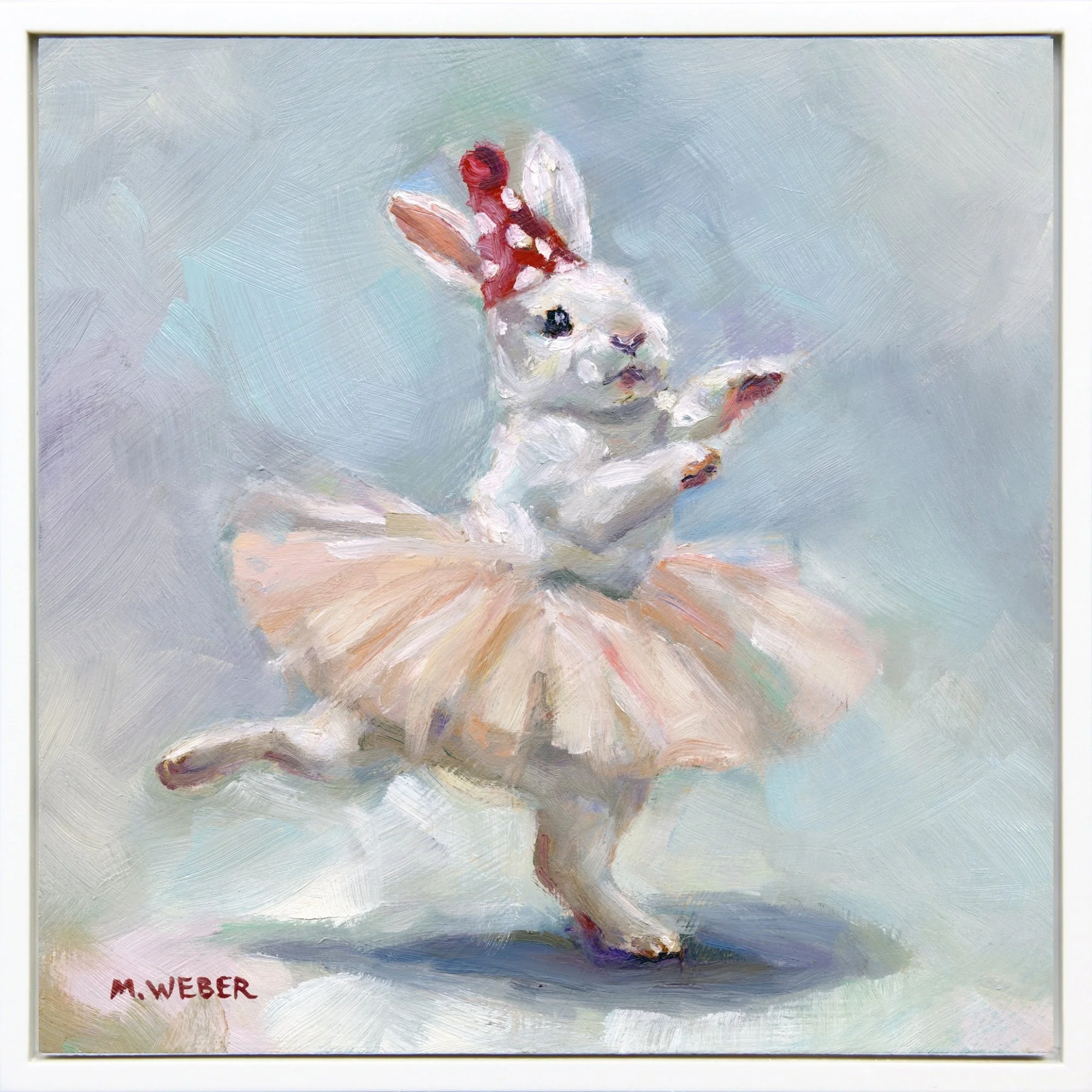 White rabbit mid-leap in peach tutu and polka dot party hat, soft blue background. Impressionistic ballet oil painting by Merrill Weber, Party Animals series.