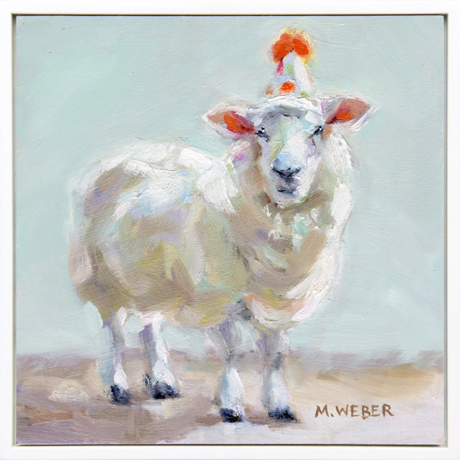 Eloise, a dancing pig in a tutu wearing a party hat, 8x8 oil painting on wood by Merrill Weber from the Party Animals series.