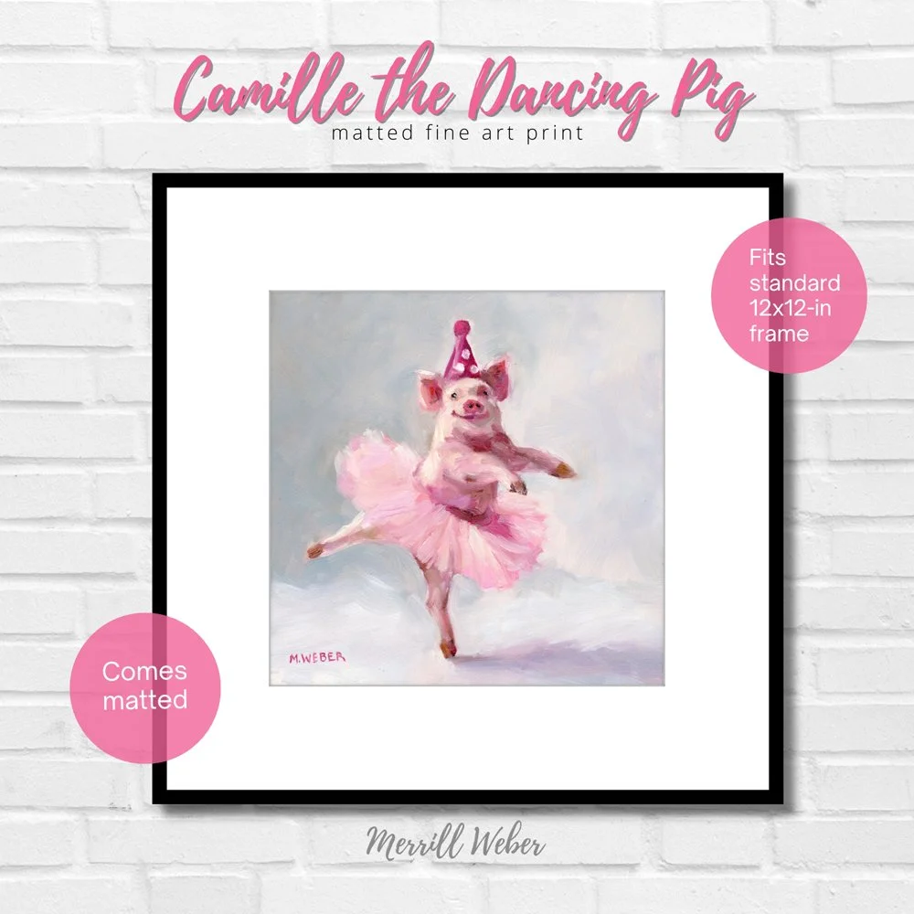Camille the Dancing Pig ballet fine art print, easy framing, comes matted and fits a standard 12x12 frame, giclée print by Merrill Weber