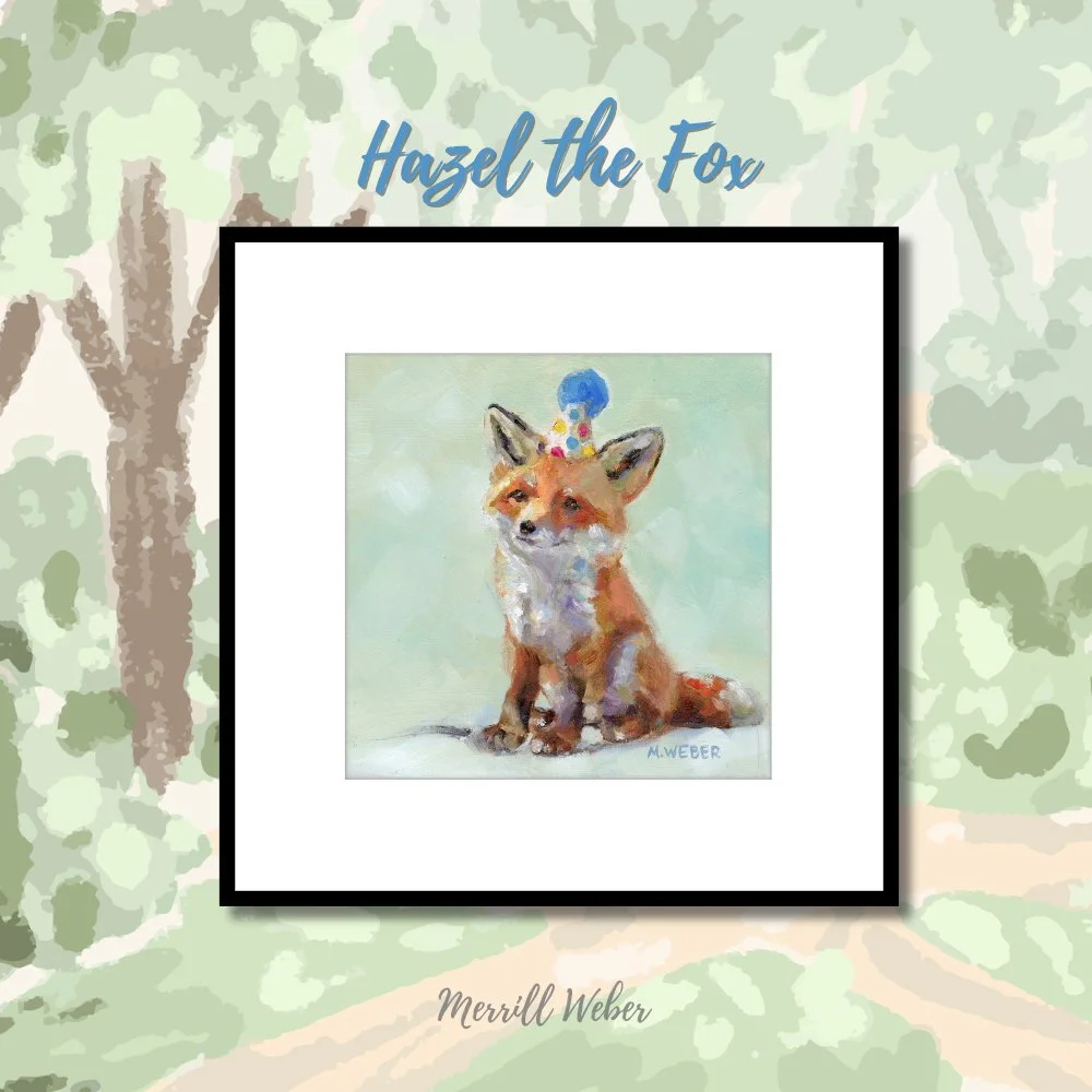 Hazel the Fox fine art print displayed in illustrated woodland setting, fox nursery wall art by Merrill Weber