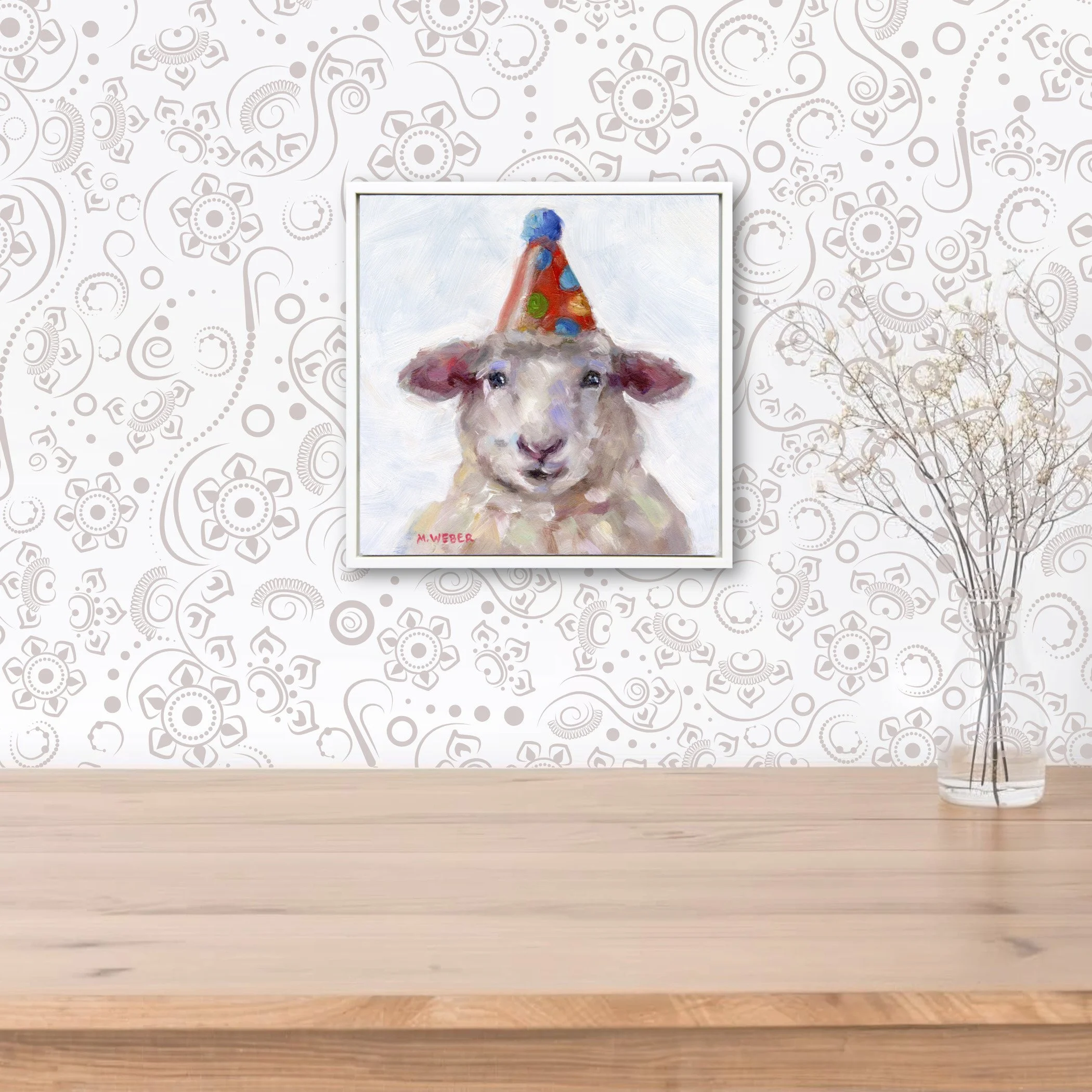 Emerson, a white sheep wearing a party hat, 6x6 oil painting on wood by Merrill Weber from the Party Animals series.