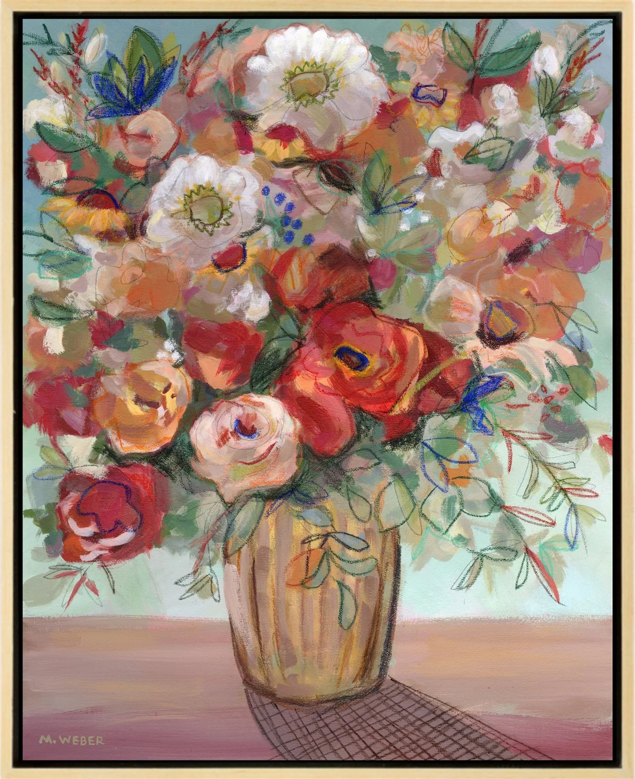 Abundance by Merrill Weber shown in a natural wood floater frame, original floral mixed media painting with lush pink, coral, and white blooms