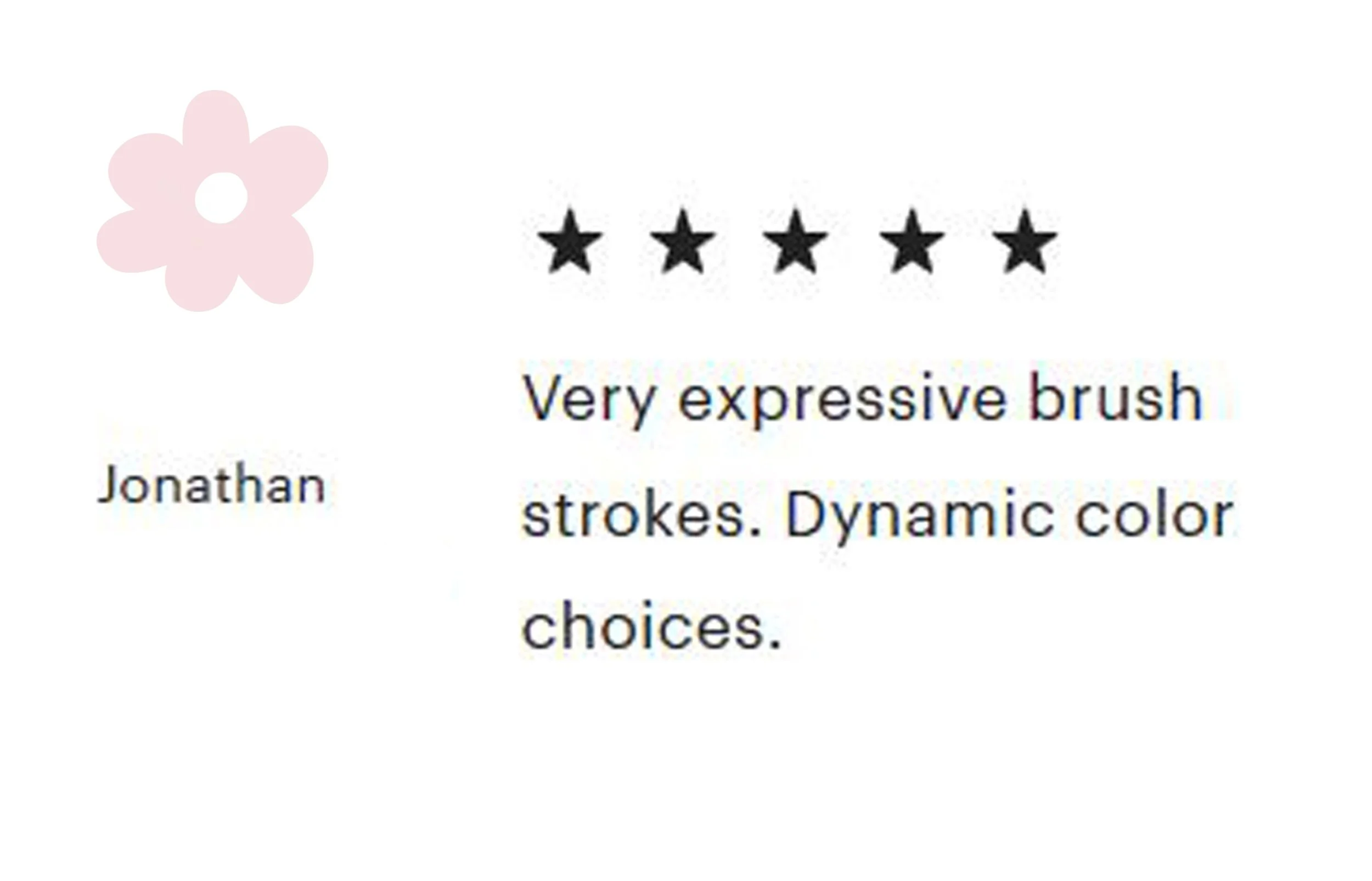 Customer review praising Merrill Weber's floral artwork, showing 5-star rating and positive feedback about color, quality, and style