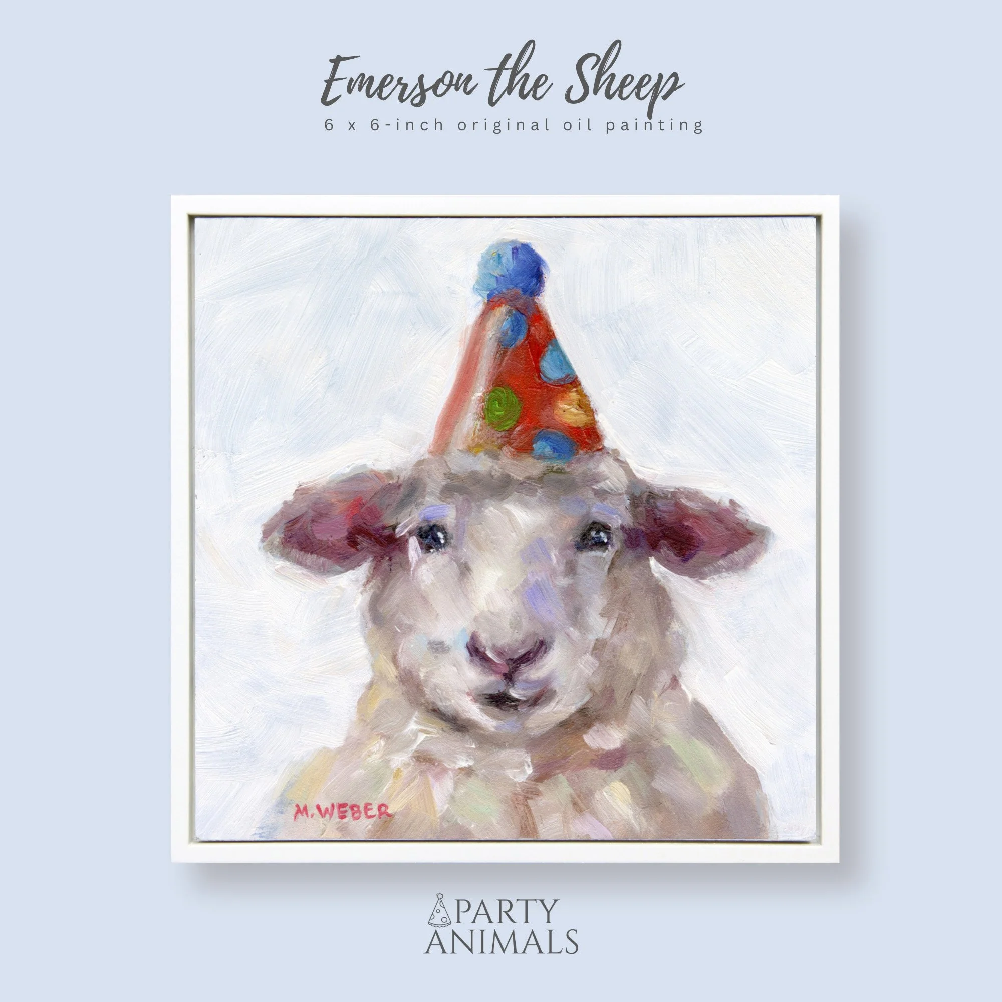 Emerson, a white sheep wearing a party hat, 6x6 oil painting on wood by Merrill Weber from the Party Animals series.
