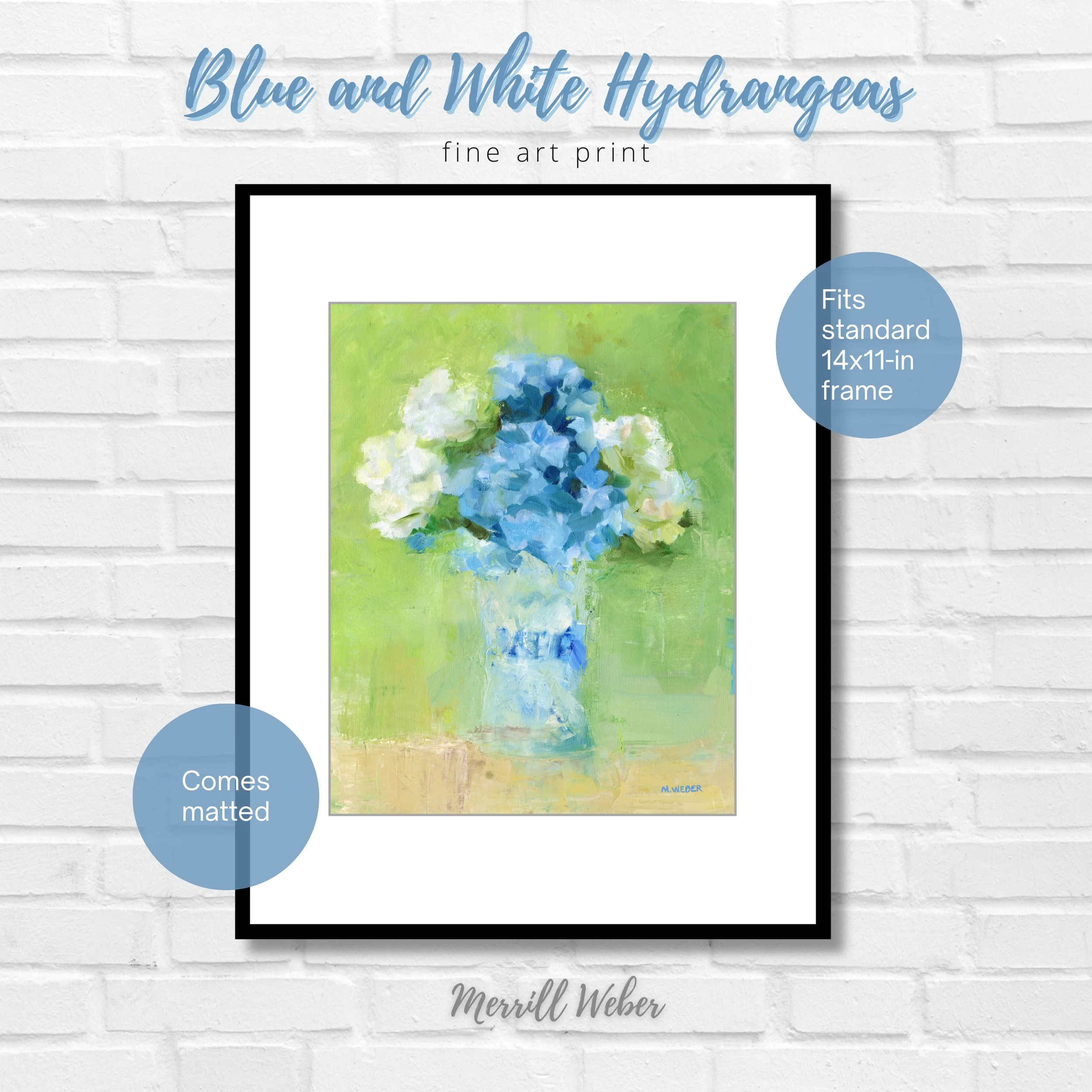 Matted fine art print of blue and white hydrangeas against a soft green background, created with expressive brushwork and palette knife texture by Merrill Weber
