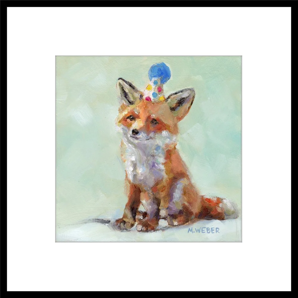 Hazel the Fox fine art print with white mat in black frame, giclée print by Merrill Weber
