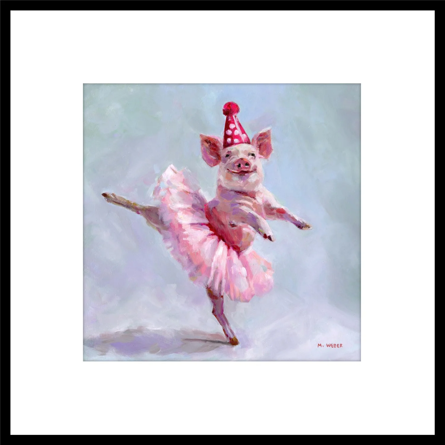 Juliette the Dancing Pig framed giclée fine art print by Merrill Weber with wide white mat and black square frame