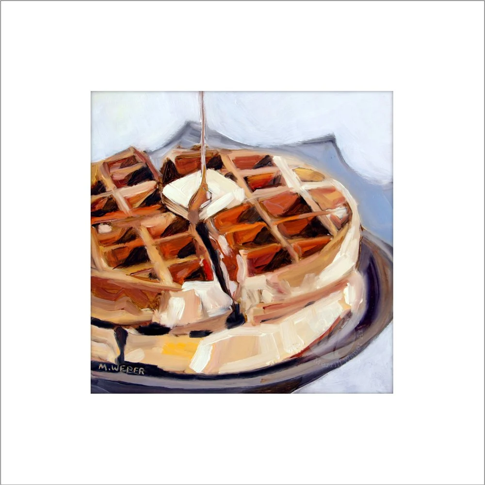 Merrill Weber Waffles matted print showing breakfast with butter and syrup, white mat, 12x12 inches