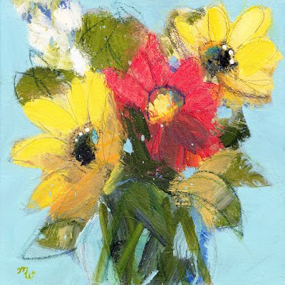 joy-filled mixed media floral painting, with sunflowers being the star of the show