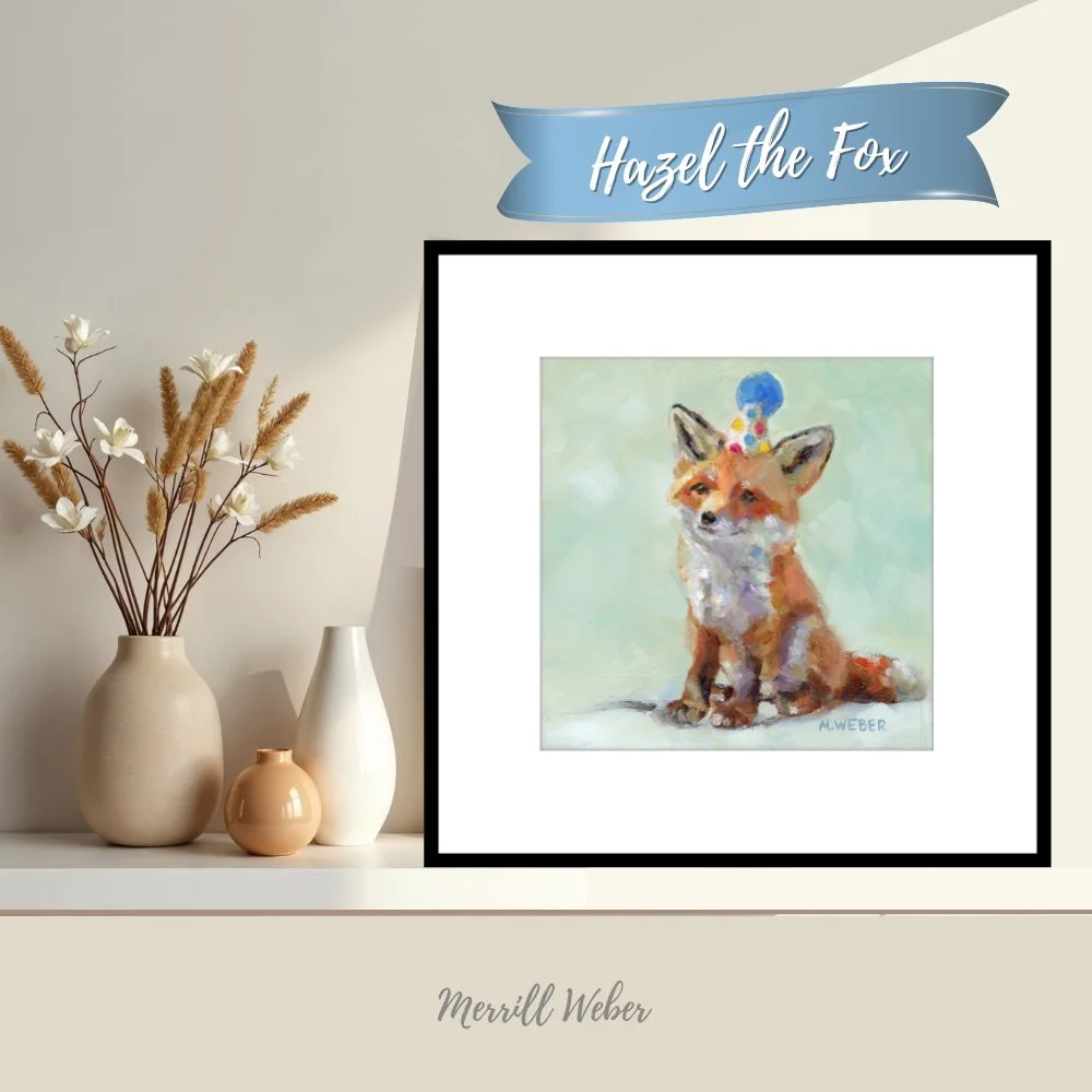 Hazel the Fox framed fine art print styled with dried botanicals, fox wall art by Merrill Weber, Party Animals giclée print