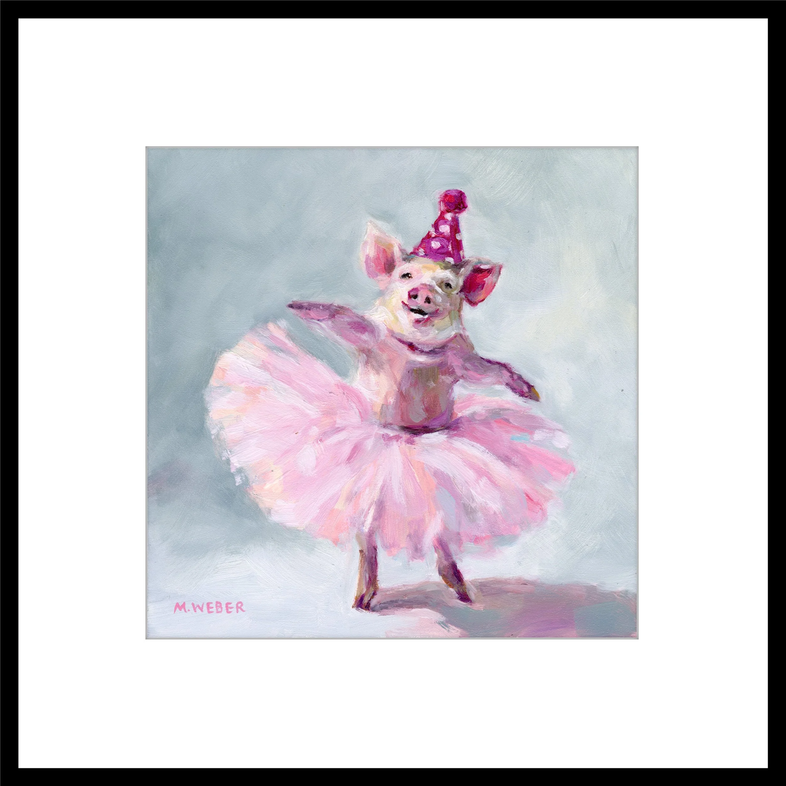 Eloise the Dancing Pig giclée fine art print by Merrill Weber, matted and in a black frame
