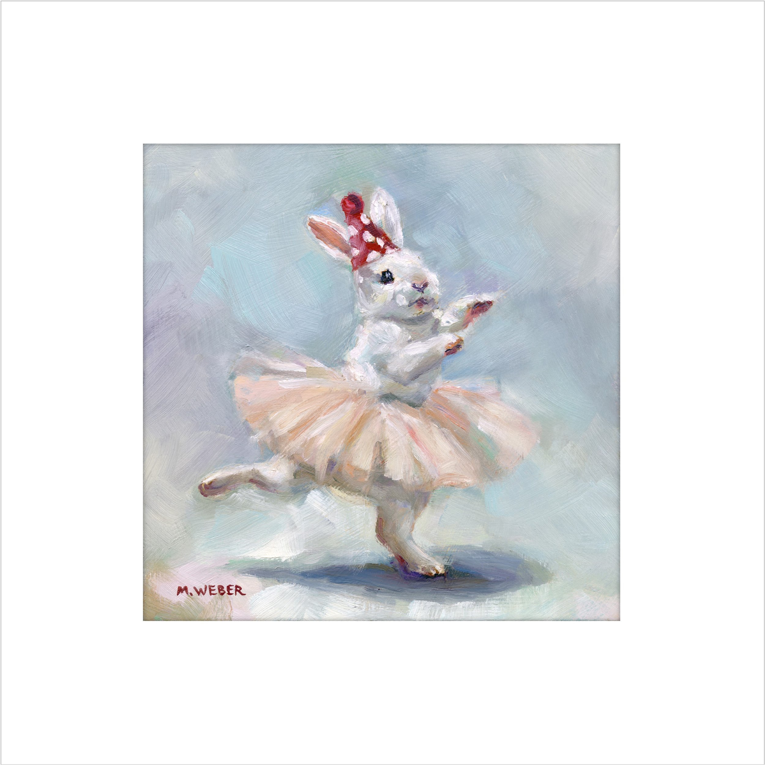 Blanche the Dancing Bunny giclée fine art print by Merrill Weber featuring a white bunny dancing in a peach tutu and party hat