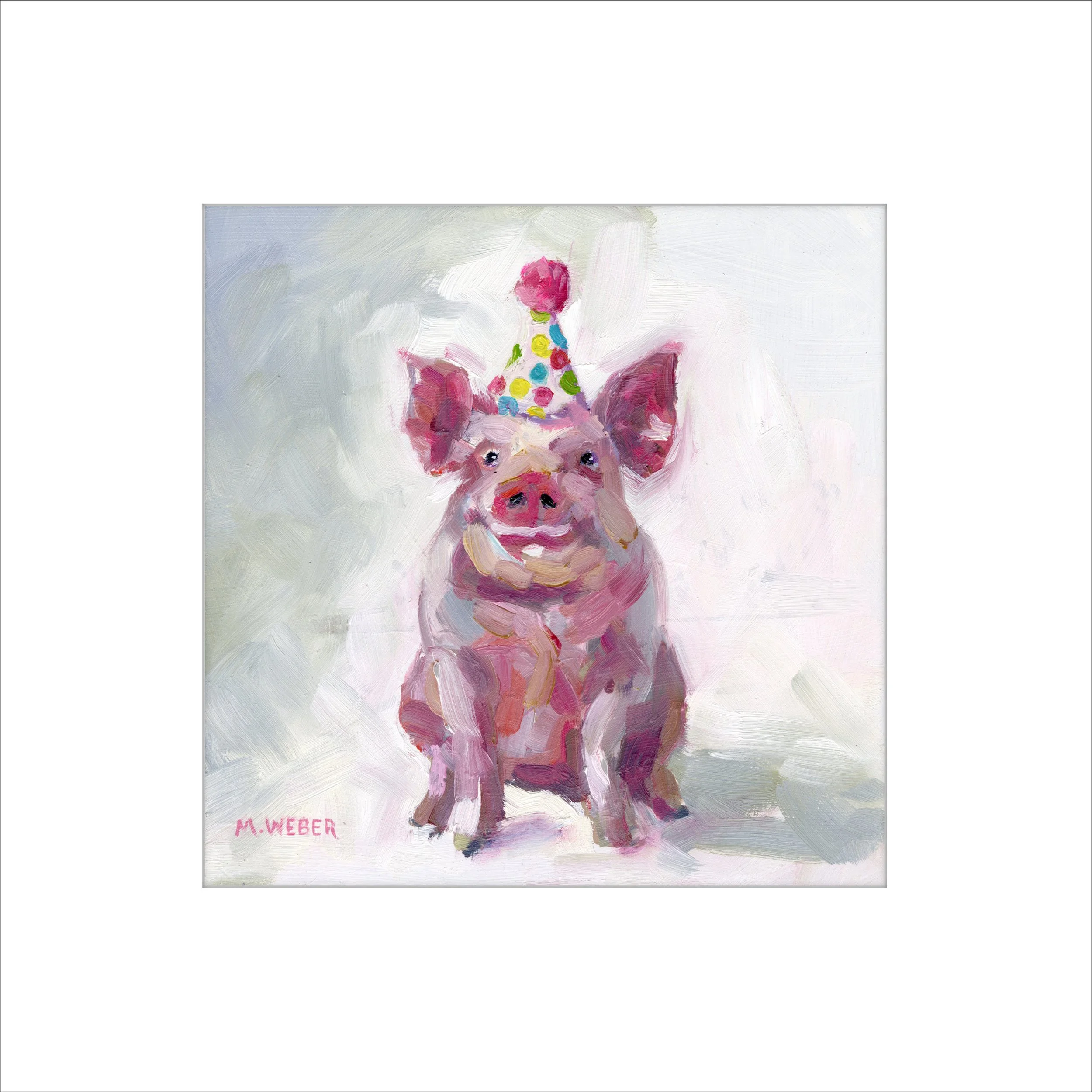 Dolly the Pig art print by Merrill Weber, pink pig wearing a polka dot party hat in an impressionistic oil painting against a soft neutral background