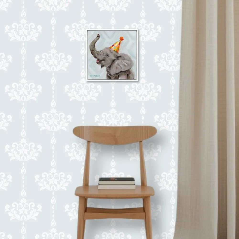 Barnaby, a baby elephant with raised trunk wearing a party hat, 6x6 oil painting on wood by Merrill Weber from the Party Animals series.