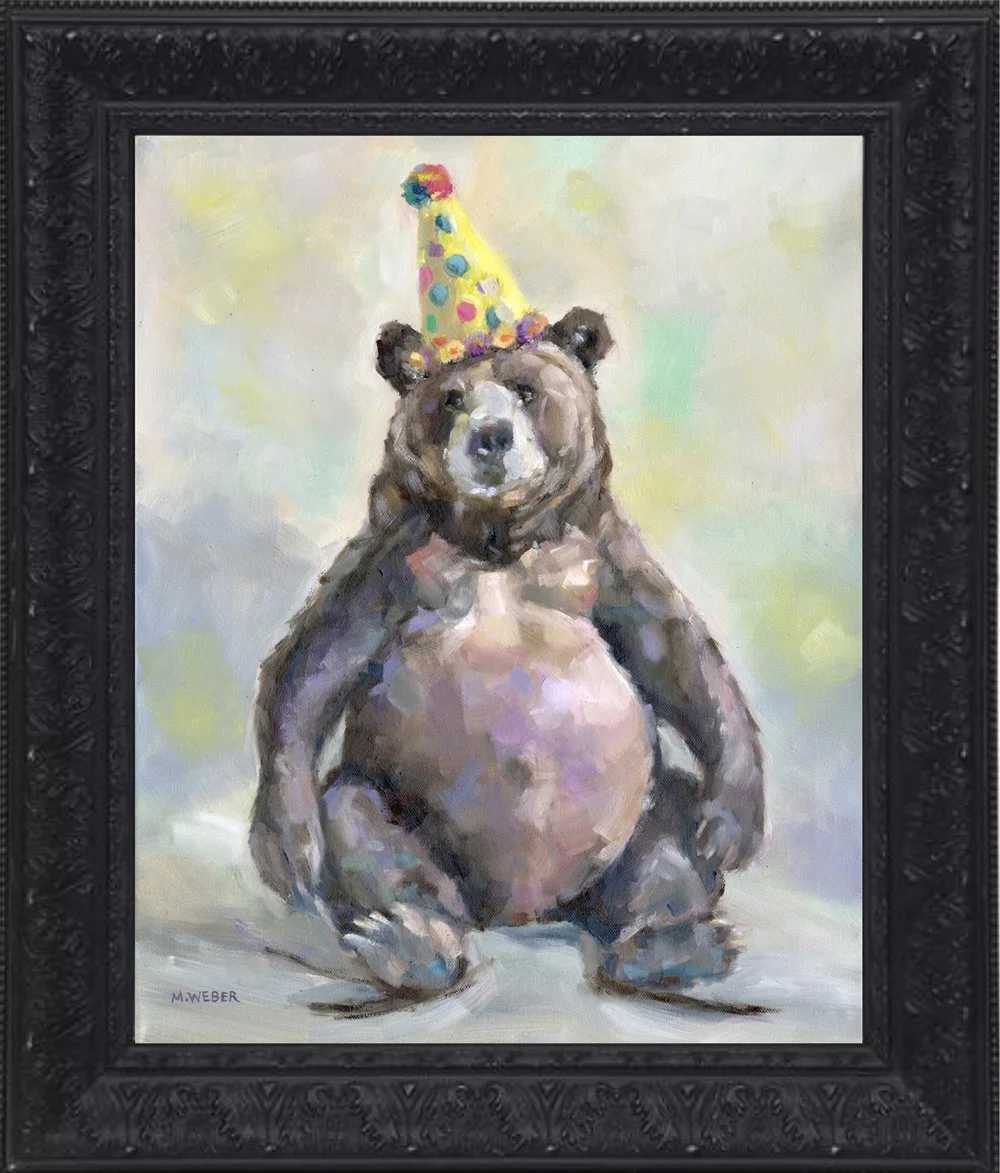 Petunia, original oil painting of a bear in a yellow polka dot party hat by Merrill Weber, framed in black carved wood