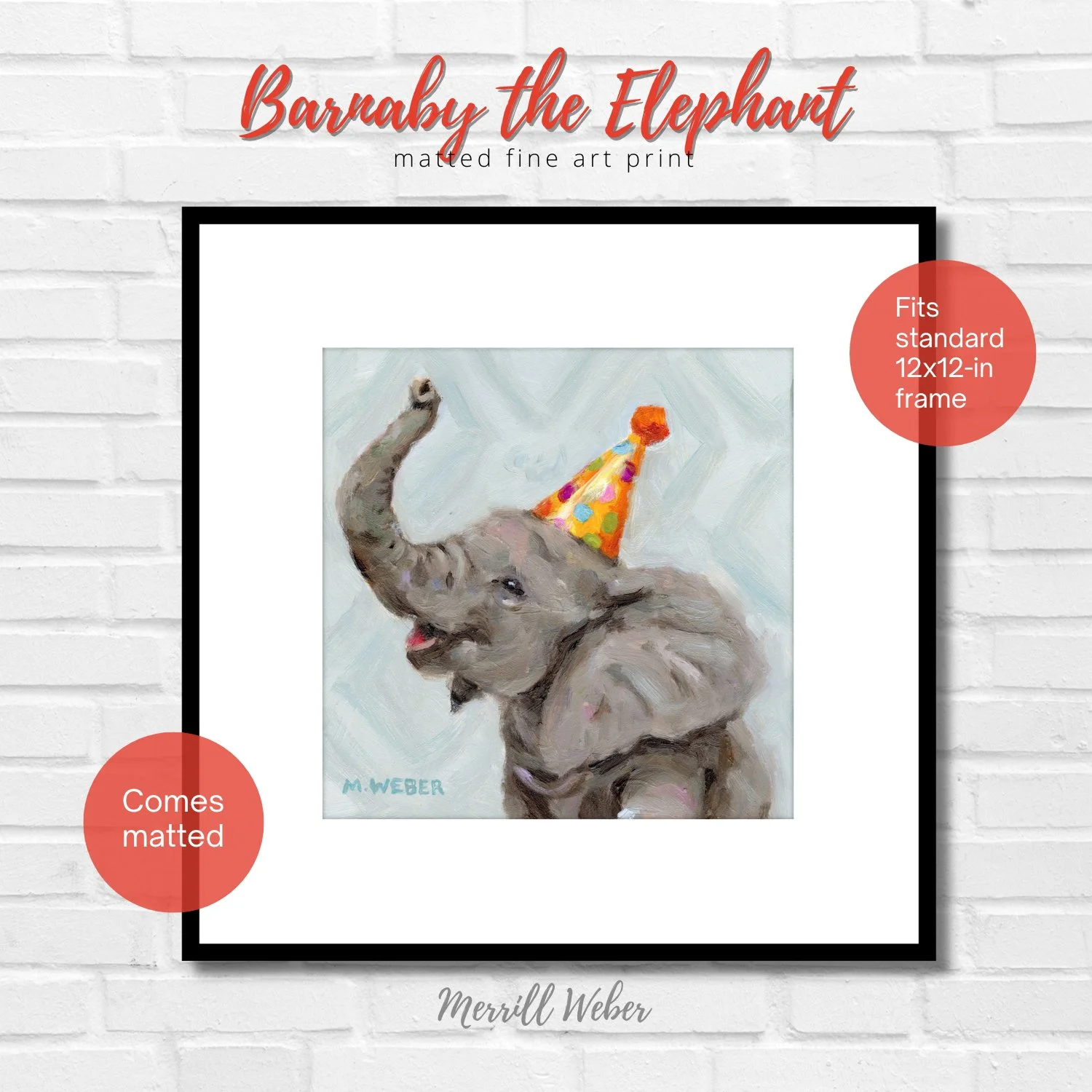 Framed Barnaby the Elephant giclée fine art print by Merrill Weber displayed against a white brick wall with coral heart illustration