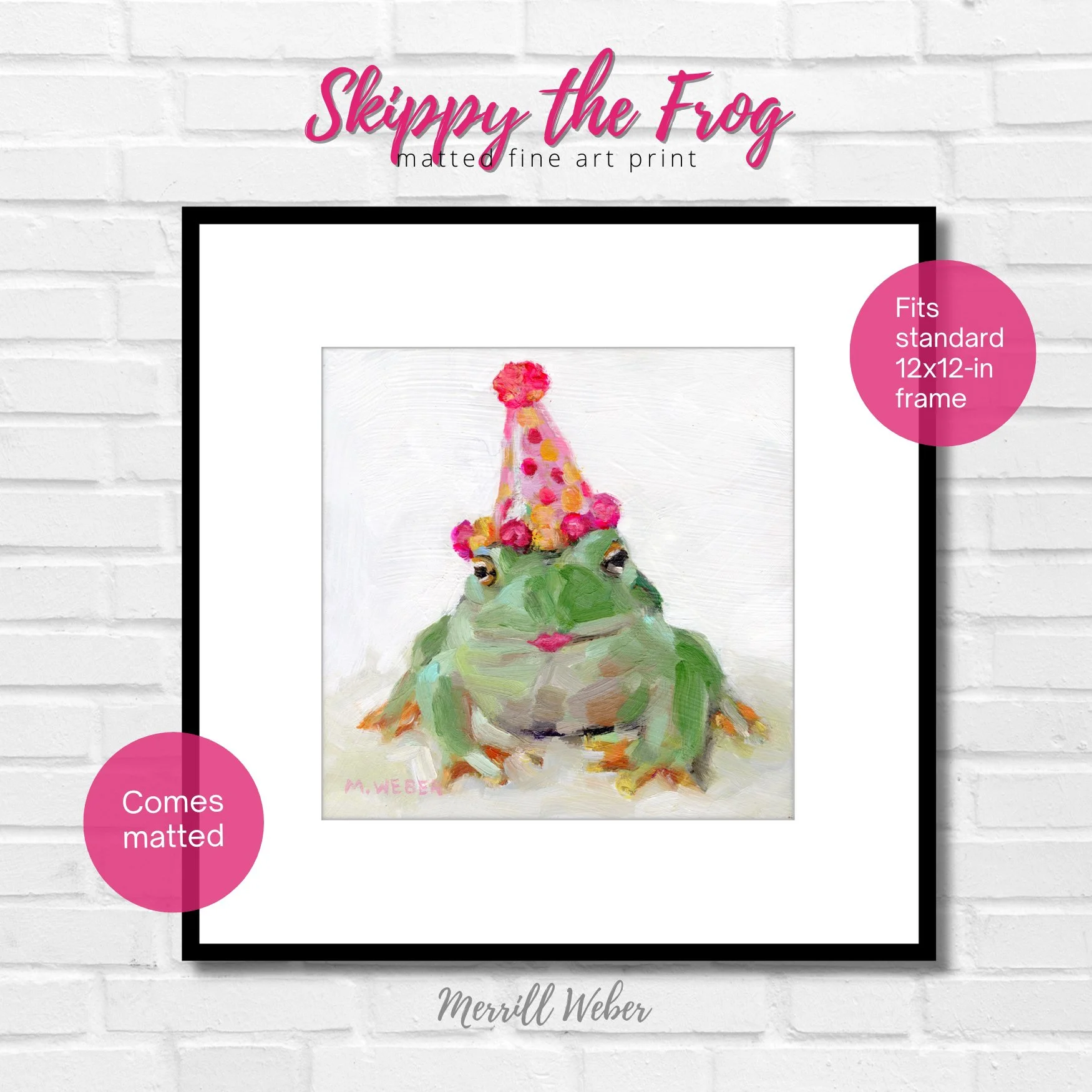 Skippy the Frog matted fine art print by Merrill Weber shown framed with standard 12x12 frame