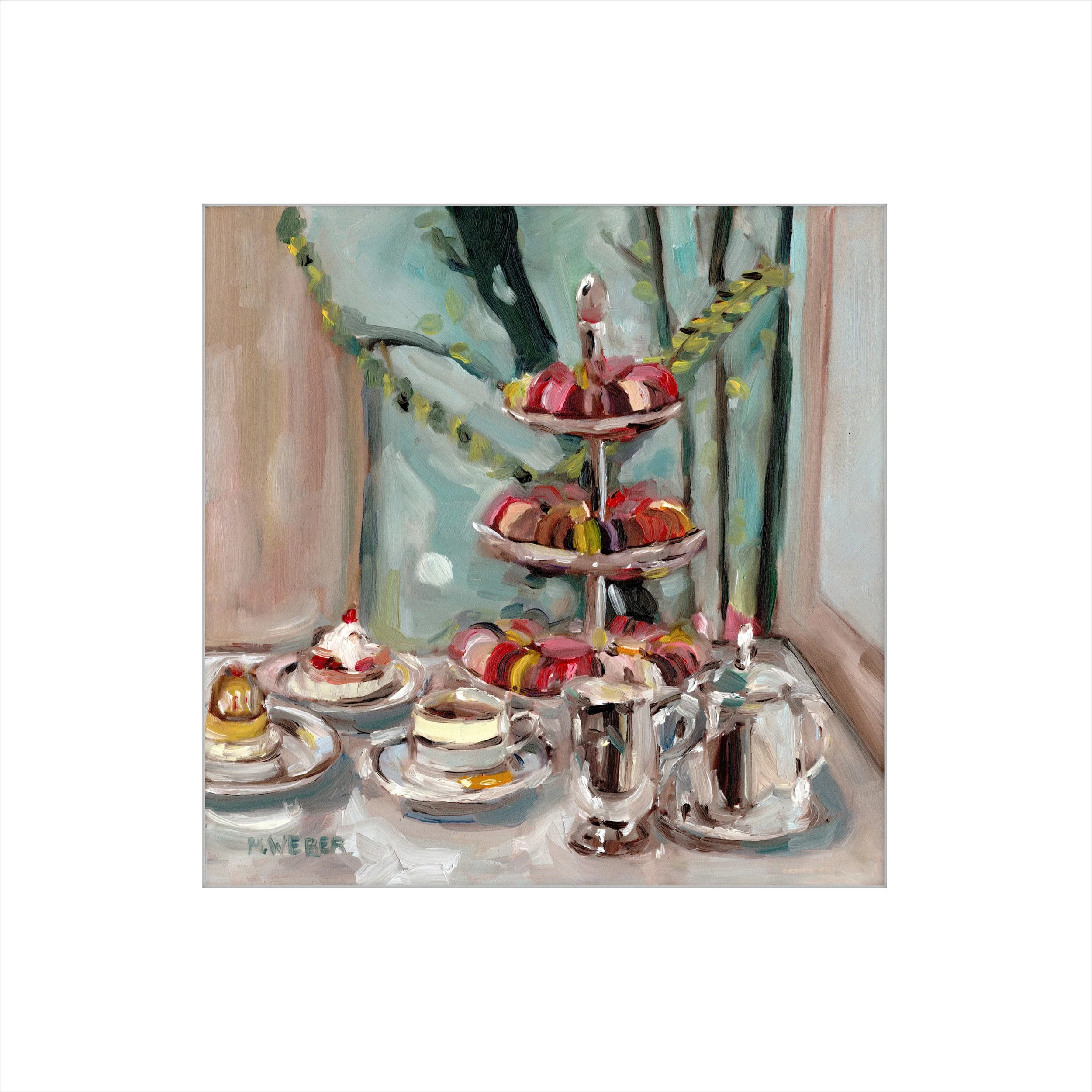 Afternoon Tea fine art print by Merrill Weber featuring tiered macaron stand, teacups, and silver tea service in impressionistic oil painting style