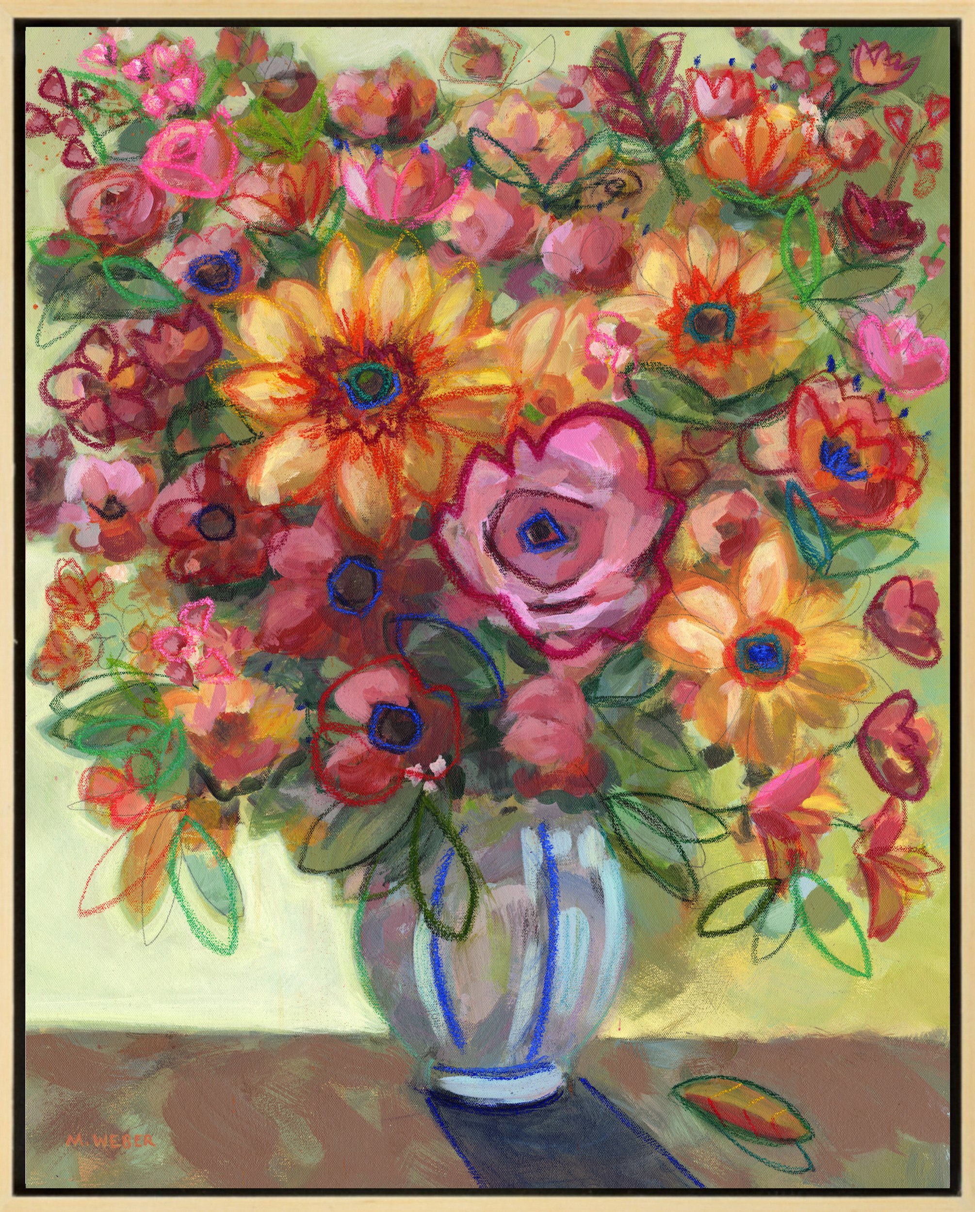 Original mixed media floral painting by Merrill Weber, in natural wood floater frame featuring golden sunflower, coral and orange zinnias, peachy-pink rose, and red berries in glass vase, 30x24 inches