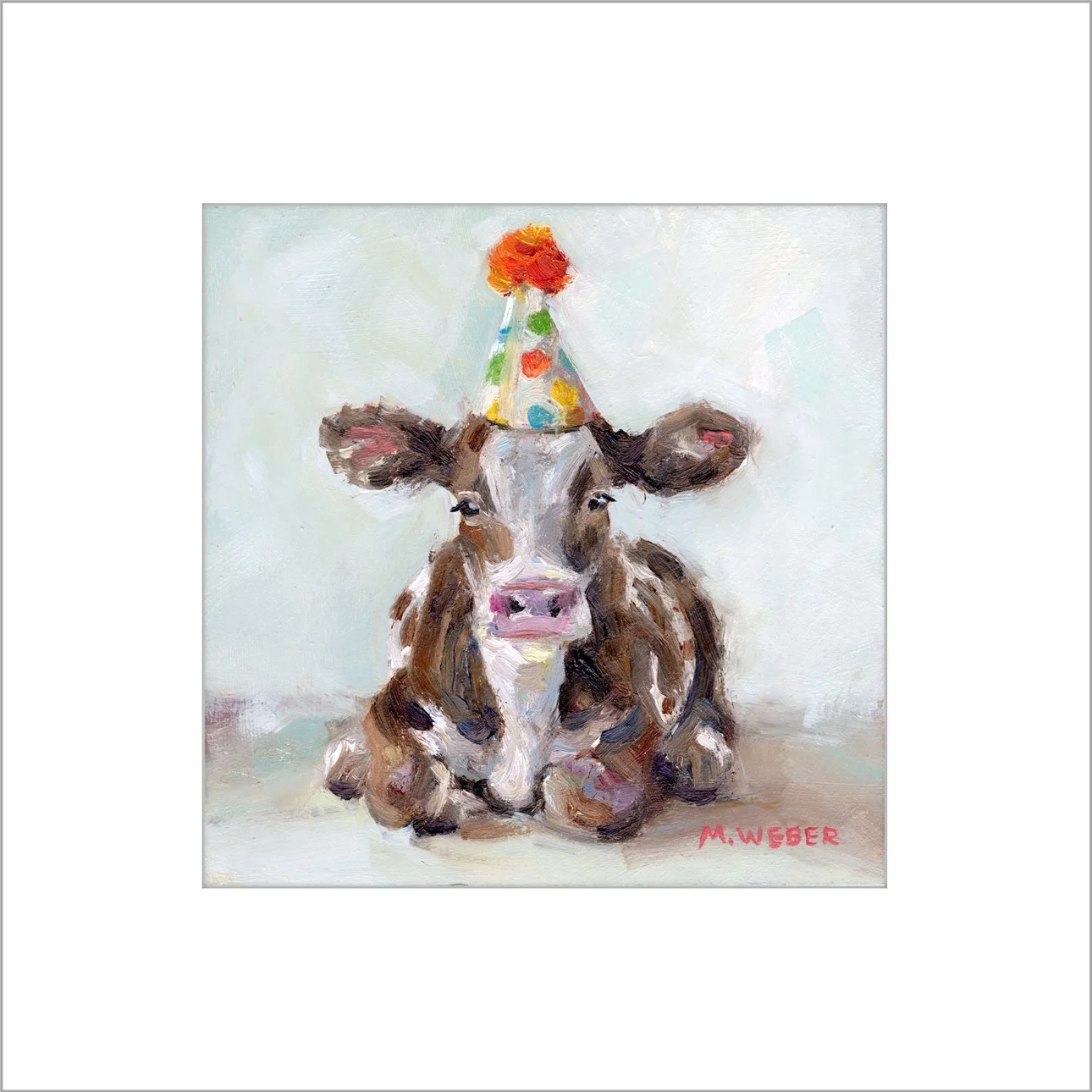 Matilda the Cow matted fine art print by Merrill Weber ready for easy framing, a brown and white cow with a party hat painted in oil against a pale sage background