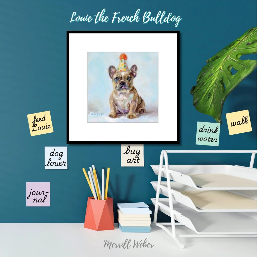 Louie the French Bulldog framed fine art print styled on teal wall above desk, dog wall art by Merrill Weber